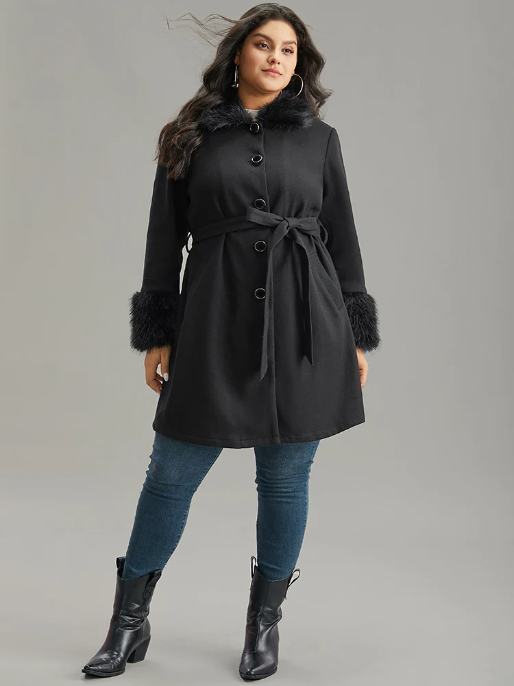 Solid Fuzzy Trim Button Through Belted Coat - Image 4