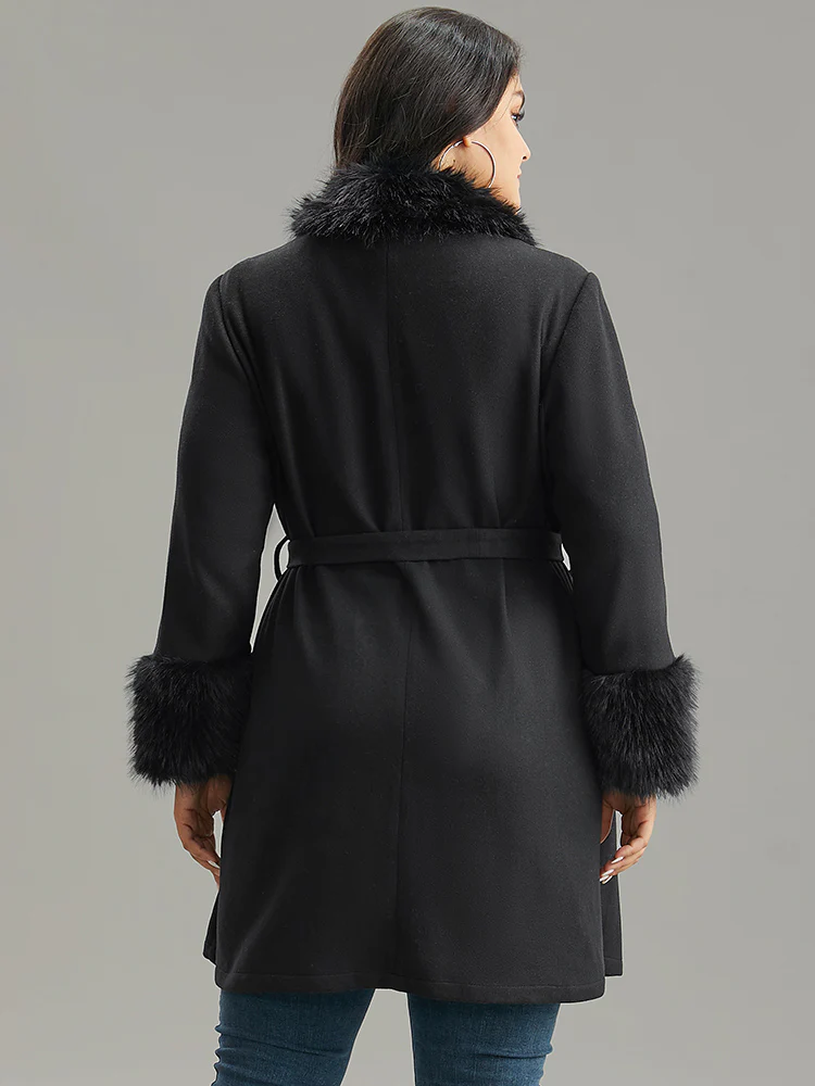 Solid Fuzzy Trim Button Through Belted Coat - Image 5