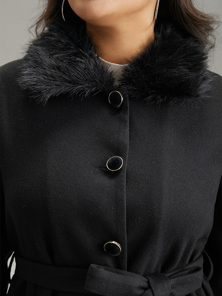 Solid Fuzzy Trim Button Through Belted Coat - Image 6