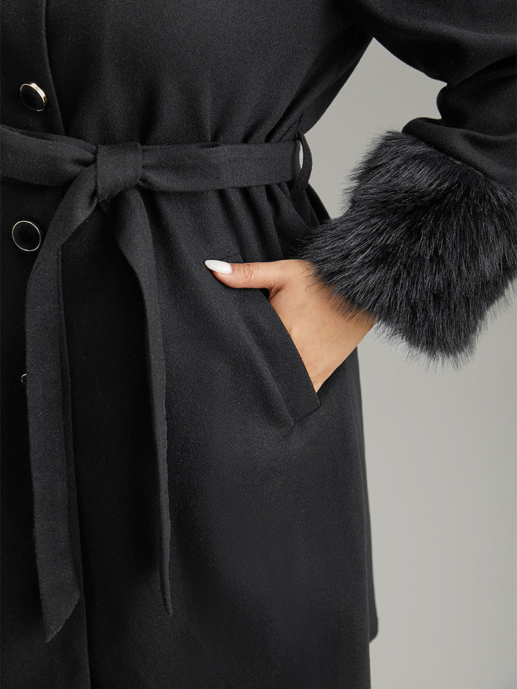 Solid Fuzzy Trim Button Through Belted Coat - Image 7