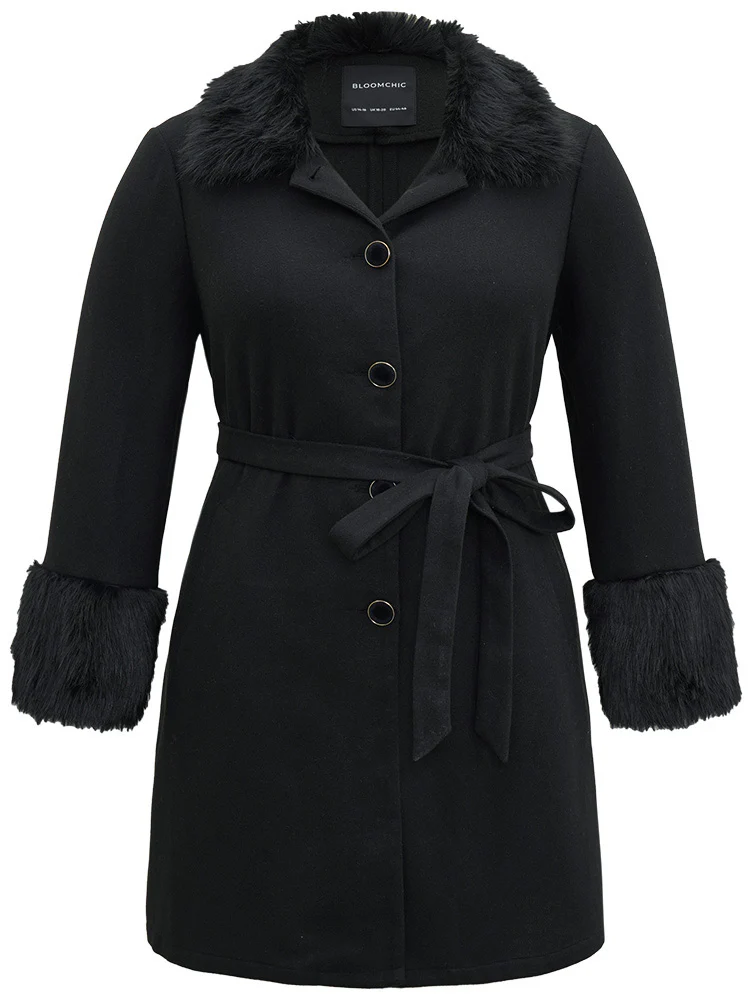 Solid Fuzzy Trim Button Through Belted Coat - Image 8