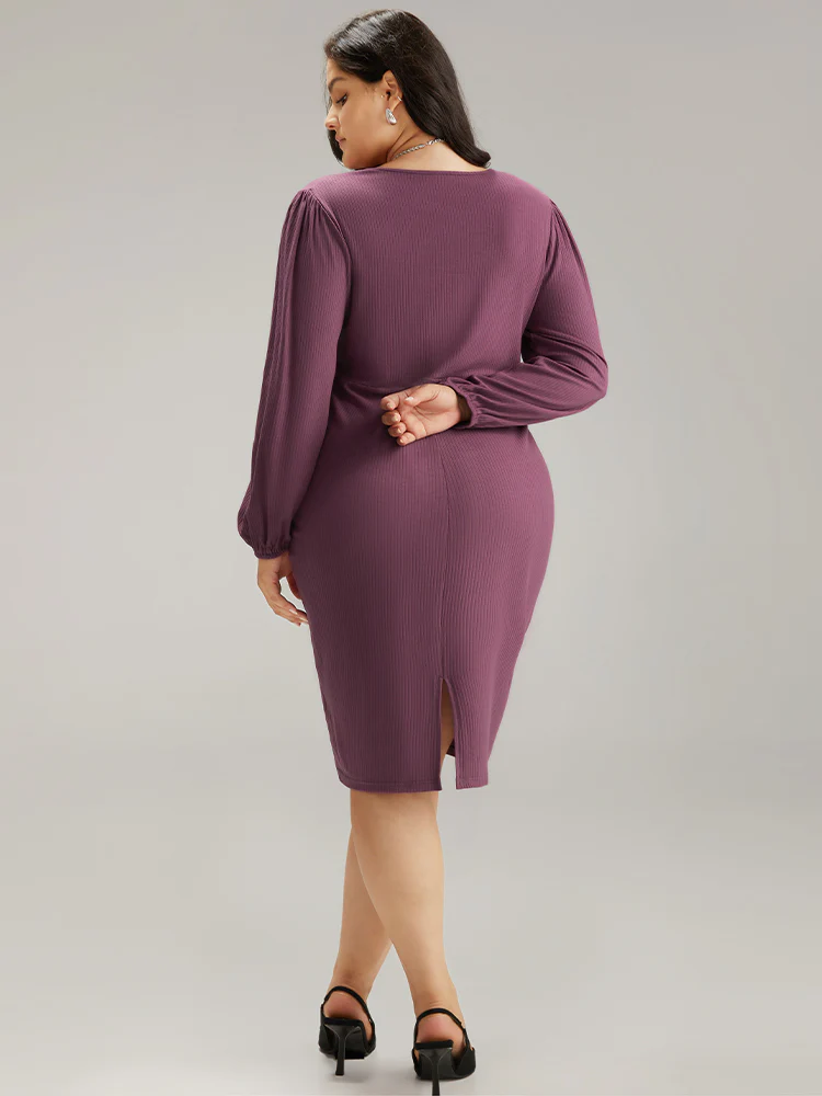 Rib Knit Gathered Button Detail Lantern Sleeve Dress - Image 3