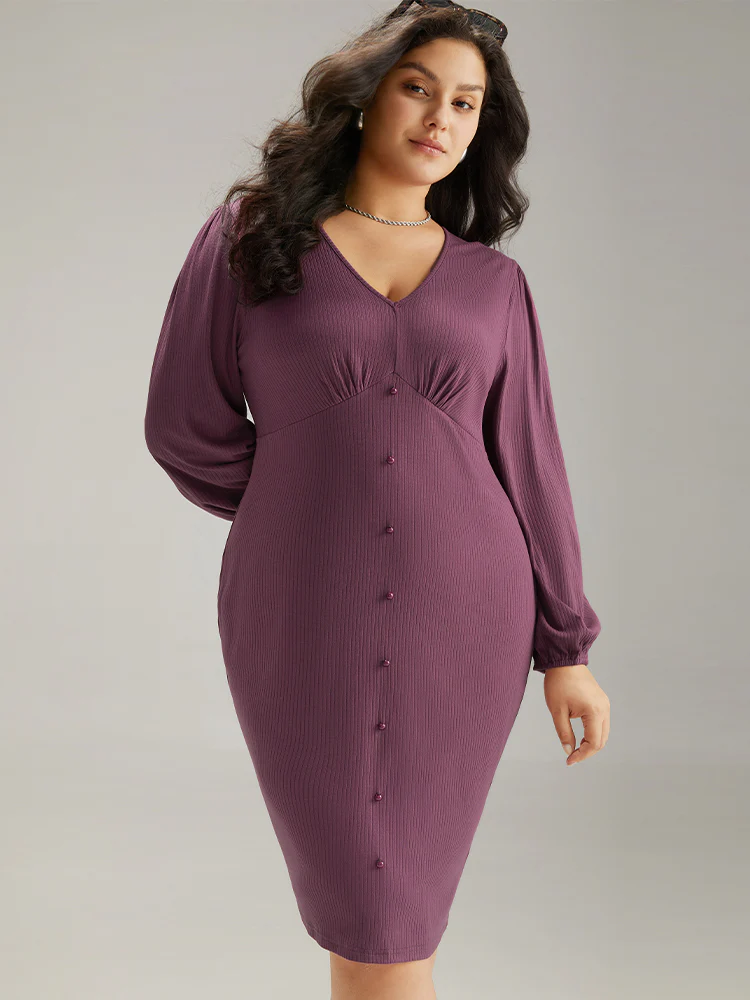 Rib Knit Gathered Button Detail Lantern Sleeve Dress - Image 5