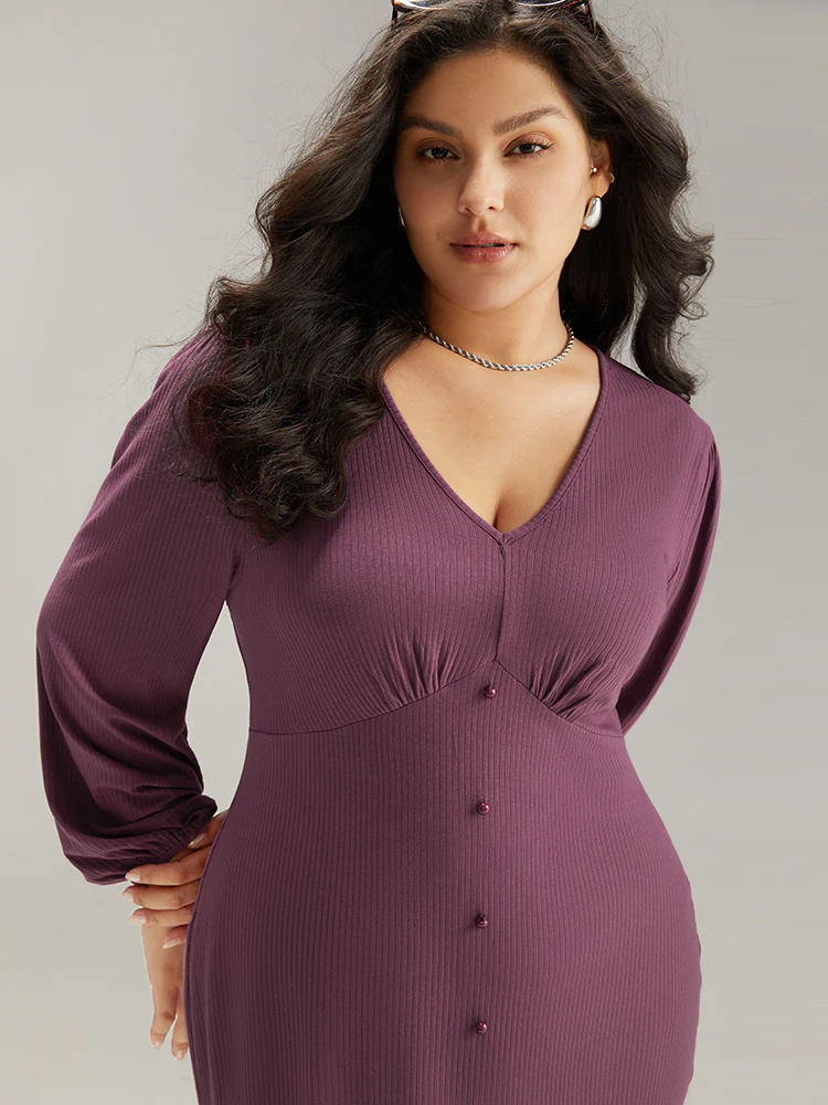 Rib Knit Gathered Button Detail Lantern Sleeve Dress - Image 6