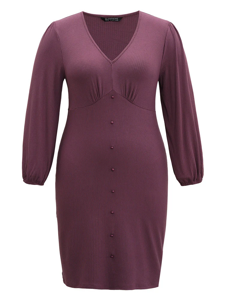 Rib Knit Gathered Button Detail Lantern Sleeve Dress - Image 7