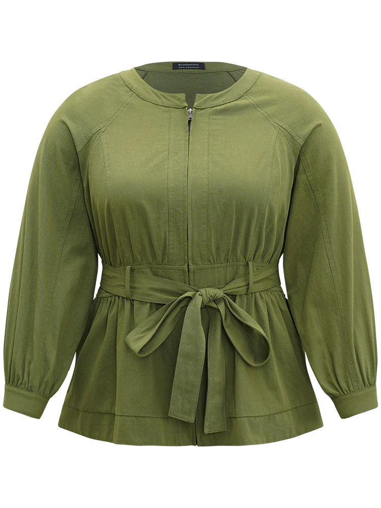 Solid Gathered Detail Belted Zipper Fly Coat - Image 10
