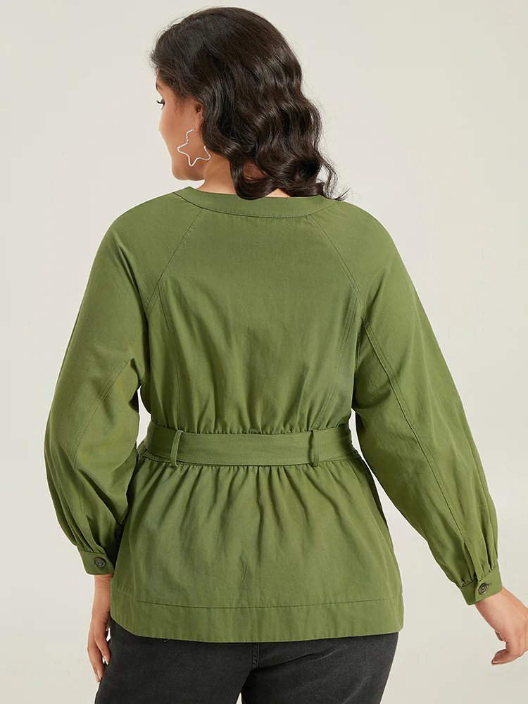 Solid Gathered Detail Belted Zipper Fly Coat - Image 2