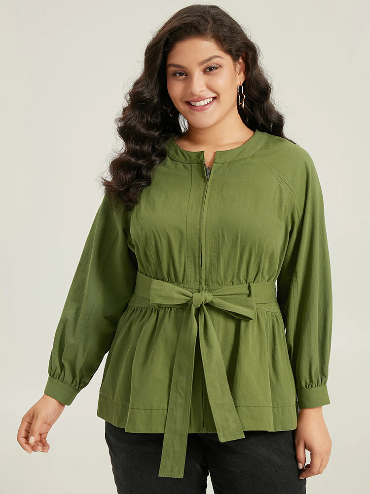 Solid Gathered Detail Belted Zipper Fly Coat - Image 3