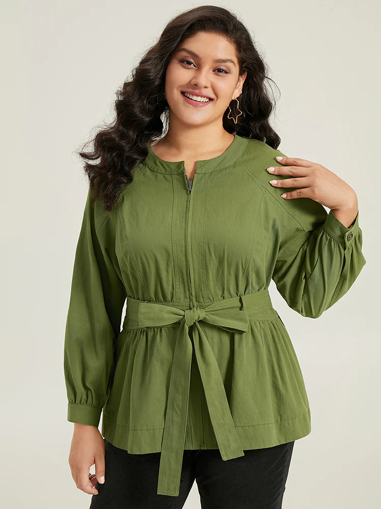 Solid Gathered Detail Belted Zipper Fly Coat - Image 4