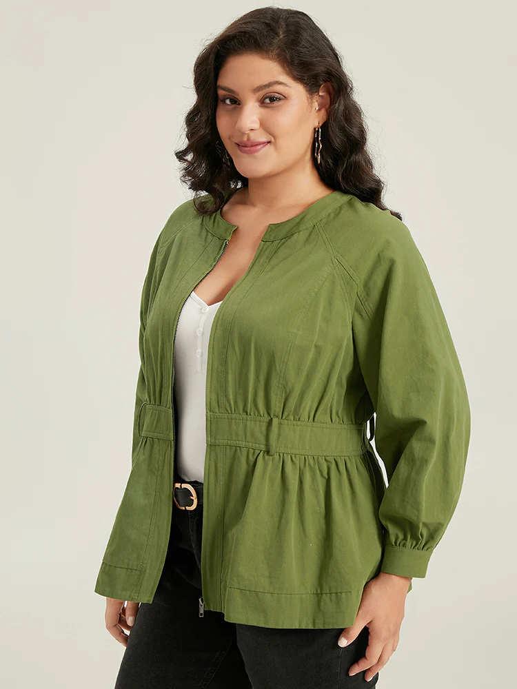 Solid Gathered Detail Belted Zipper Fly Coat - Image 5