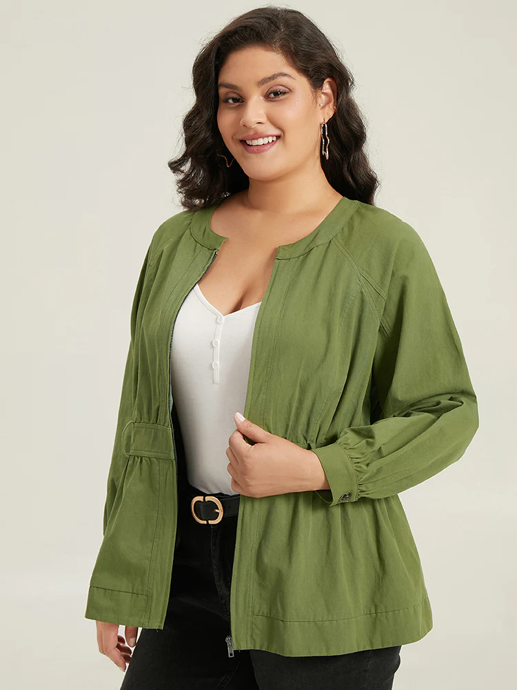 Solid Gathered Detail Belted Zipper Fly Coat - Image 6