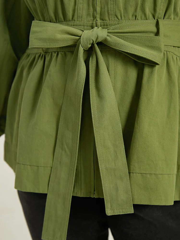 Solid Gathered Detail Belted Zipper Fly Coat - Image 8