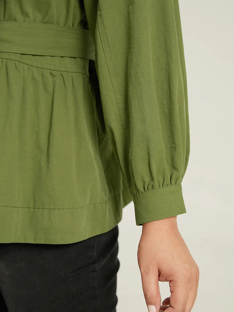 Solid Gathered Detail Belted Zipper Fly Coat - Image 9