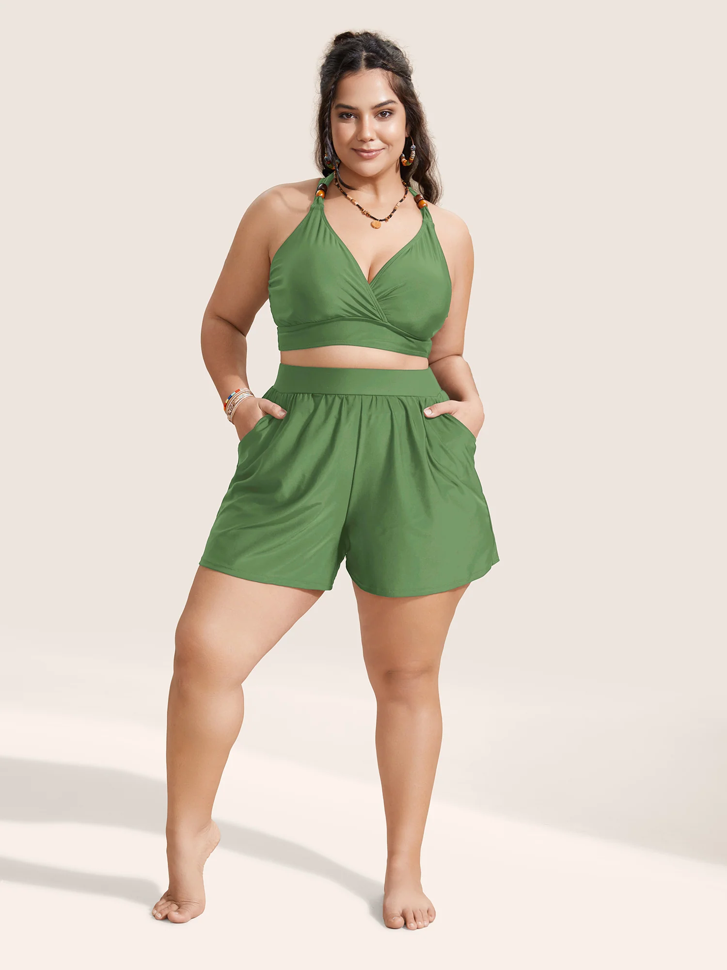 High Waisted Pockets Solid Pleated Swim Shorts - Image 19