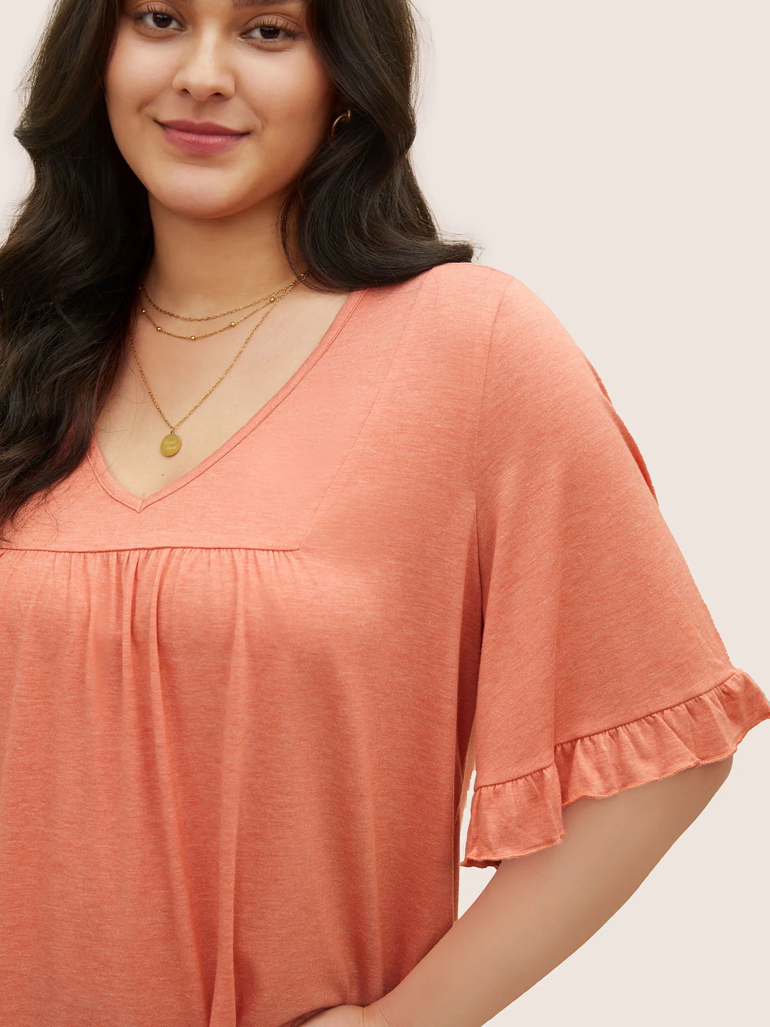 Solid Gathered Ruffle Trim Flounce Sleeve T-shirt - Image 10