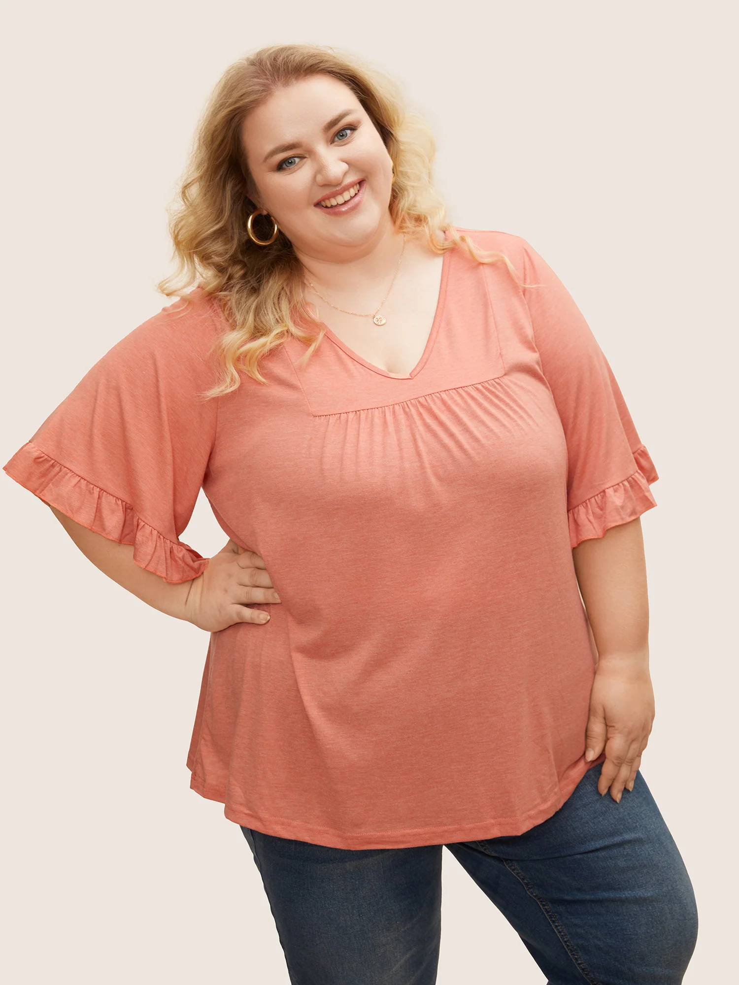 Solid Gathered Ruffle Trim Flounce Sleeve T-shirt - Image 13