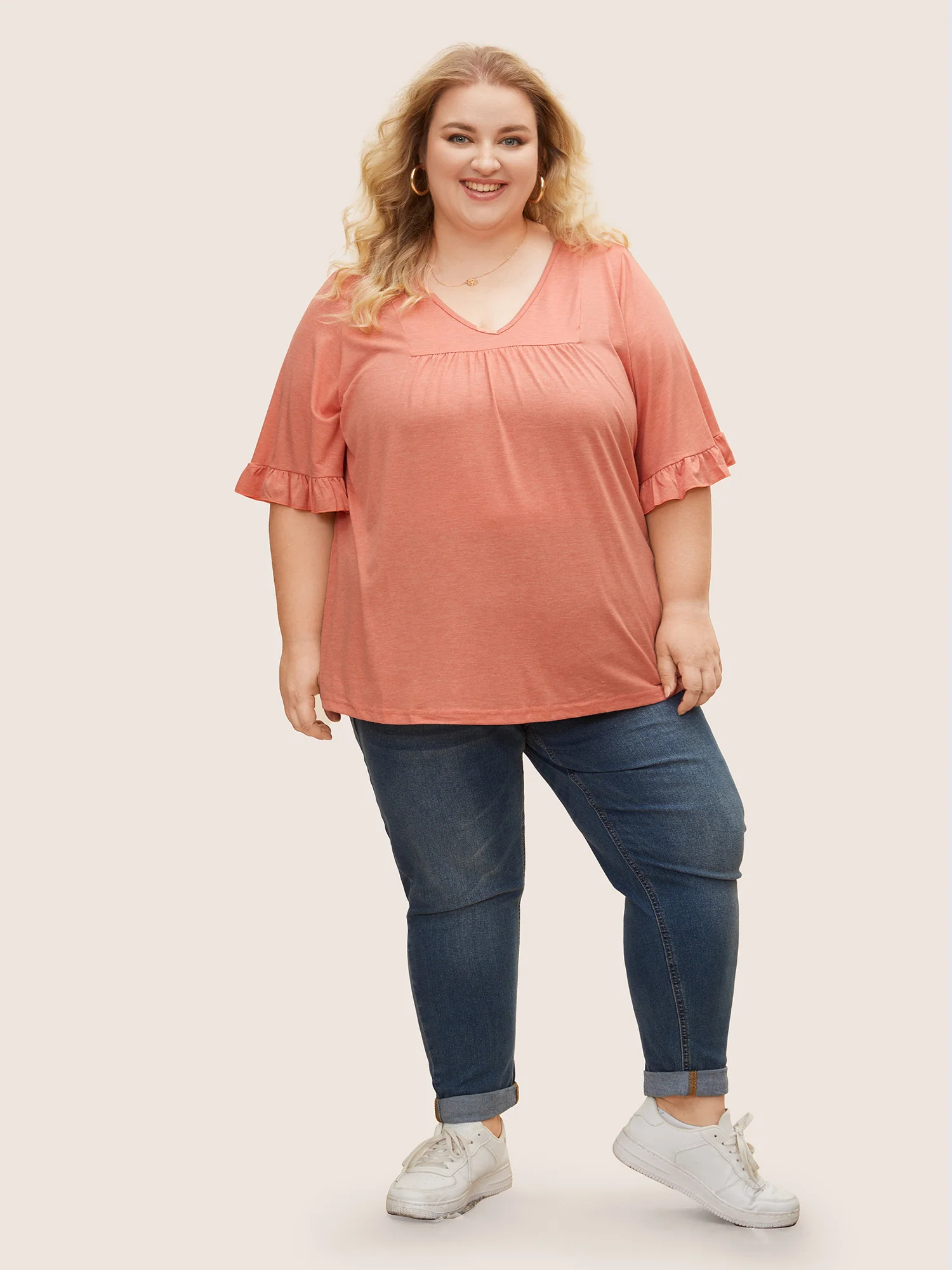 Solid Gathered Ruffle Trim Flounce Sleeve T-shirt - Image 14