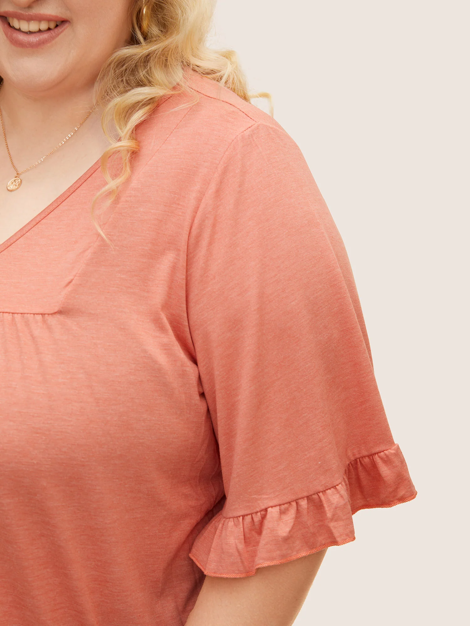 Solid Gathered Ruffle Trim Flounce Sleeve T-shirt - Image 15