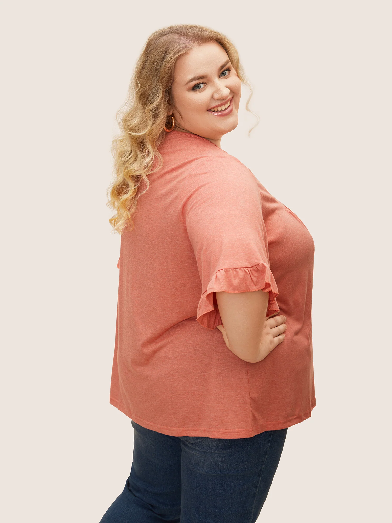 Solid Gathered Ruffle Trim Flounce Sleeve T-shirt - Image 16