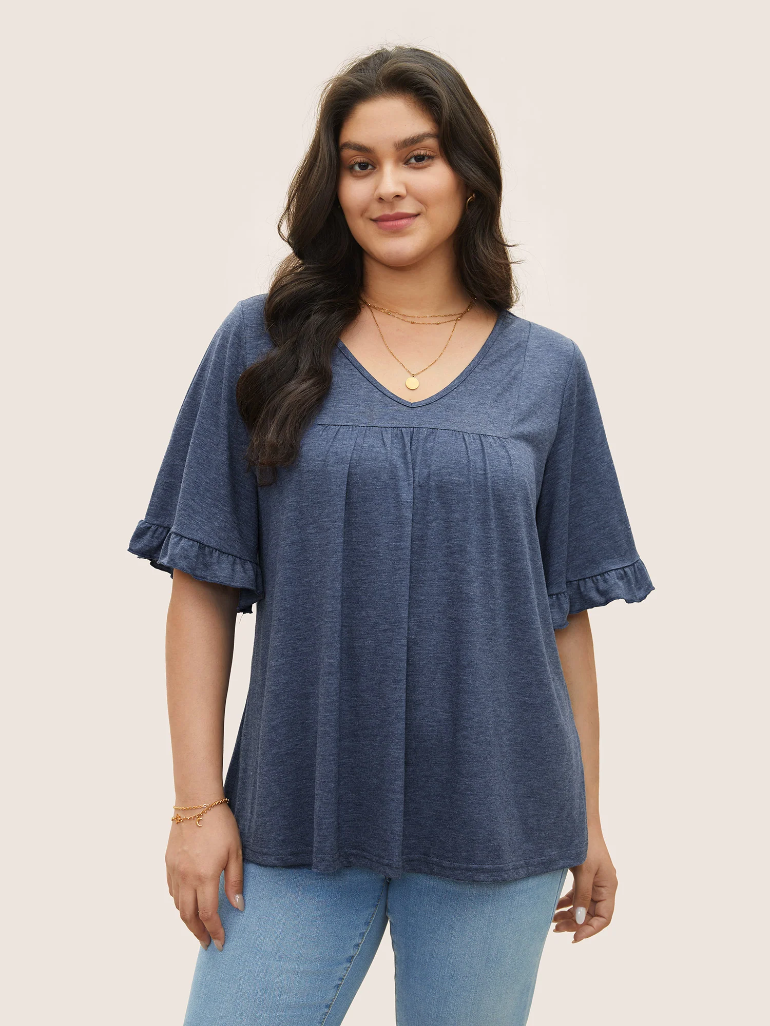 Solid Gathered Ruffle Trim Flounce Sleeve T-shirt - Image 17