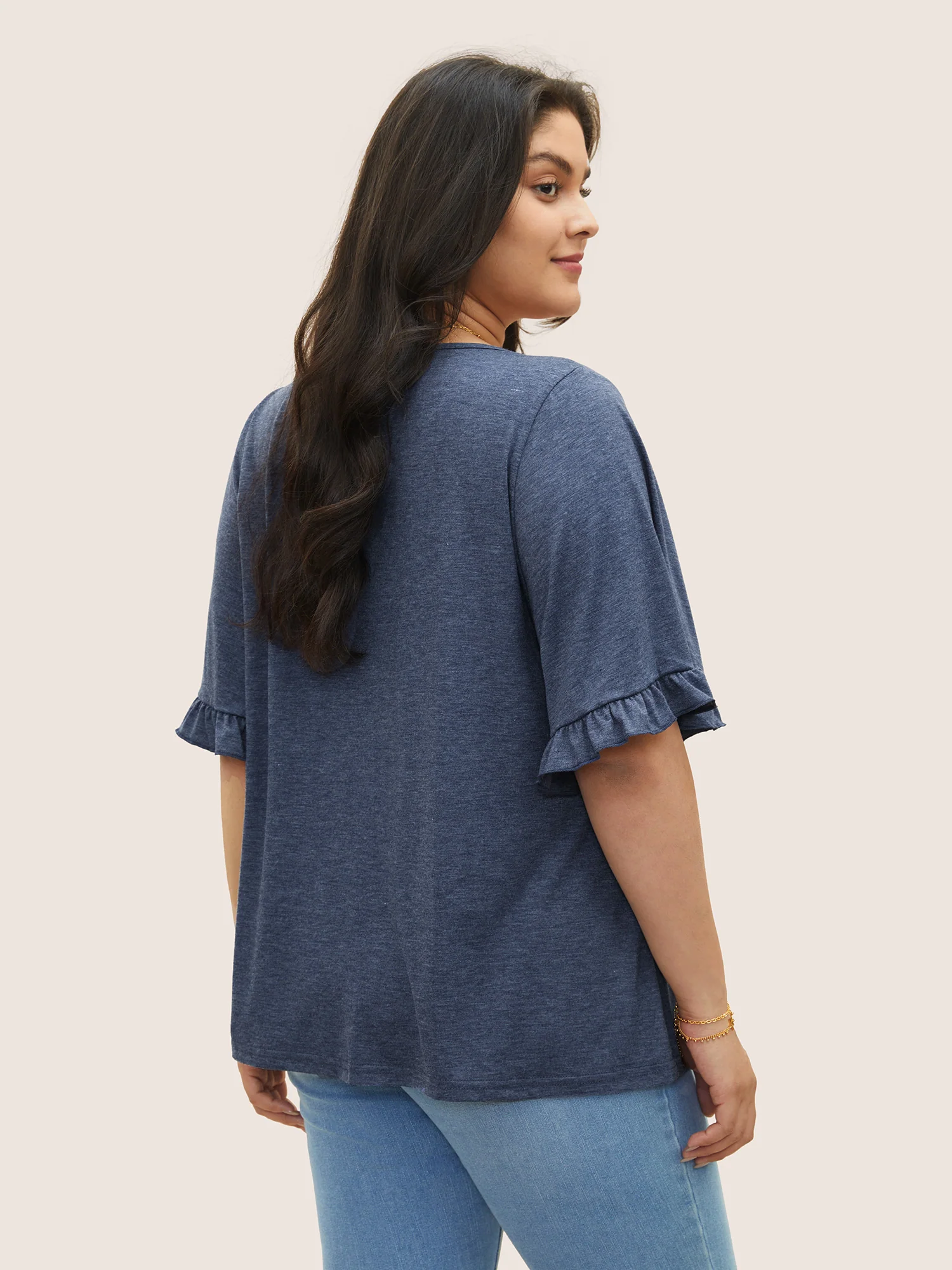 Solid Gathered Ruffle Trim Flounce Sleeve T-shirt - Image 18
