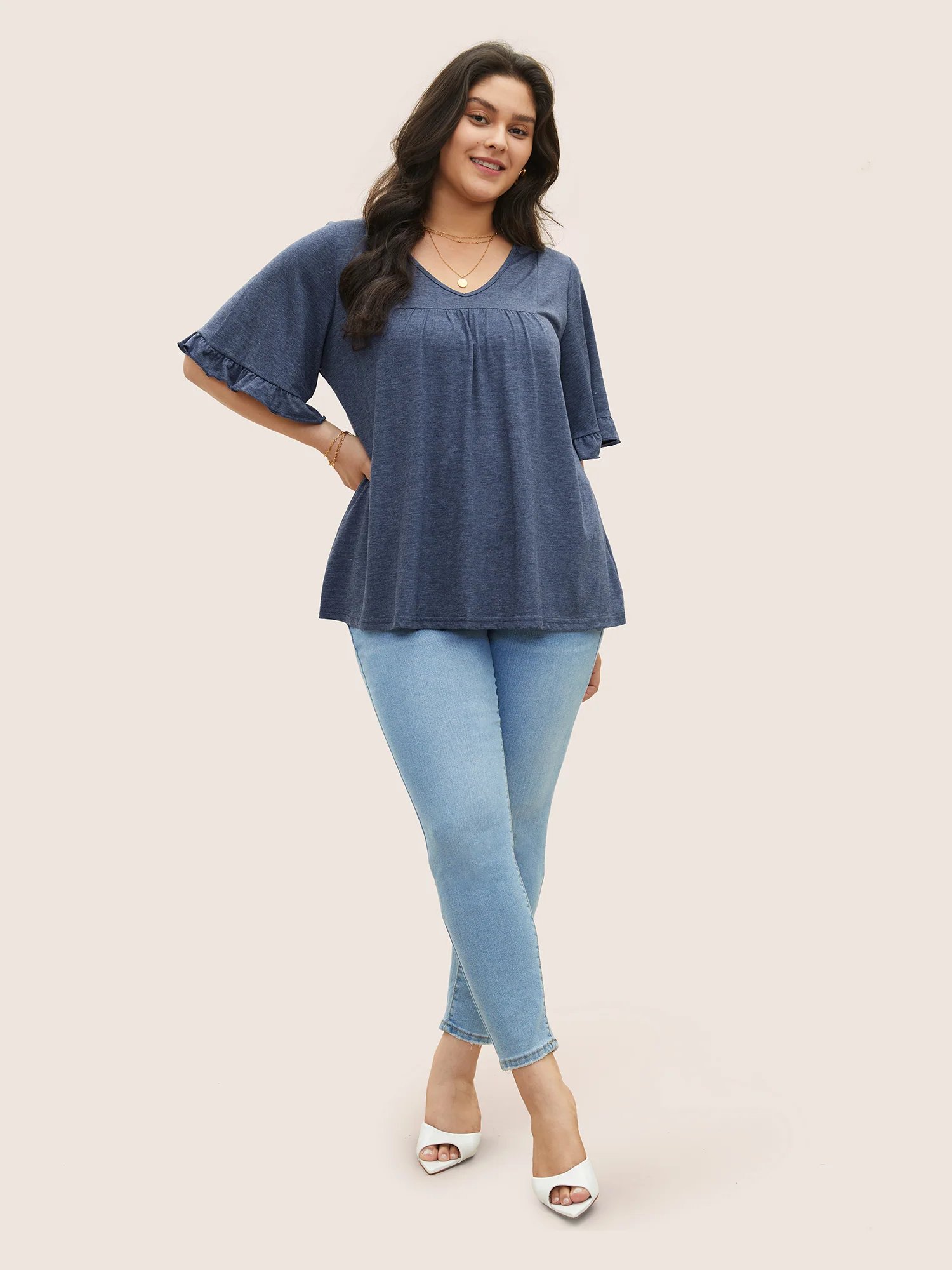 Solid Gathered Ruffle Trim Flounce Sleeve T-shirt - Image 19
