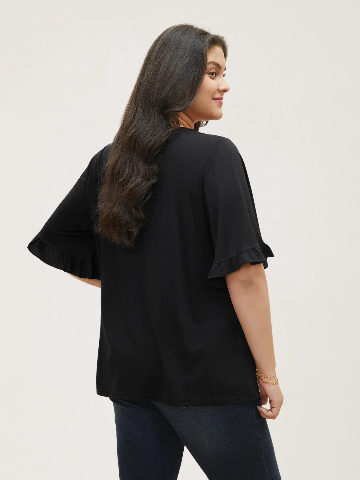 Solid Gathered Ruffle Trim Flounce Sleeve T-shirt - Image 2