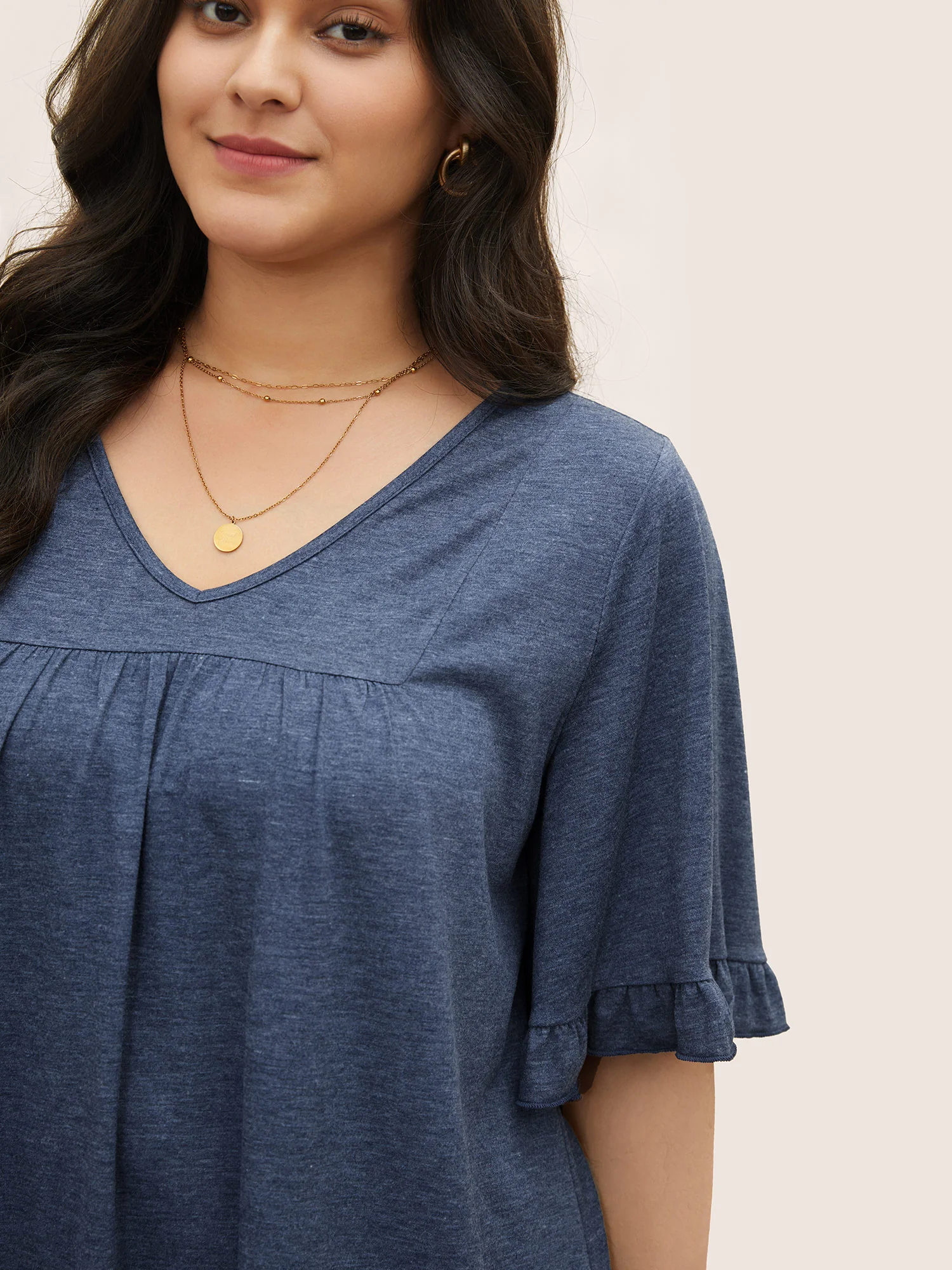 Solid Gathered Ruffle Trim Flounce Sleeve T-shirt - Image 20