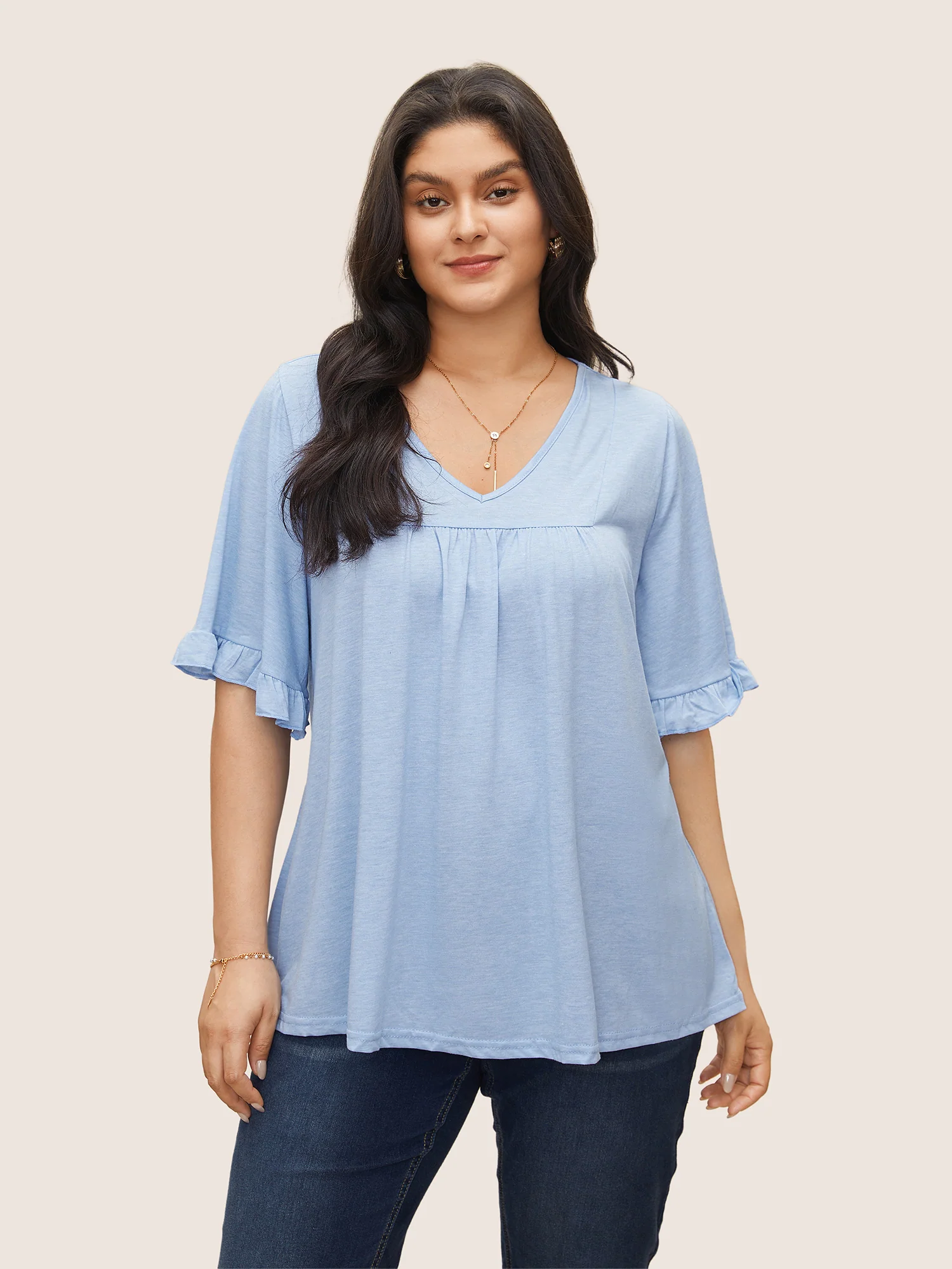 Solid Gathered Ruffle Trim Flounce Sleeve T-shirt - Image 23