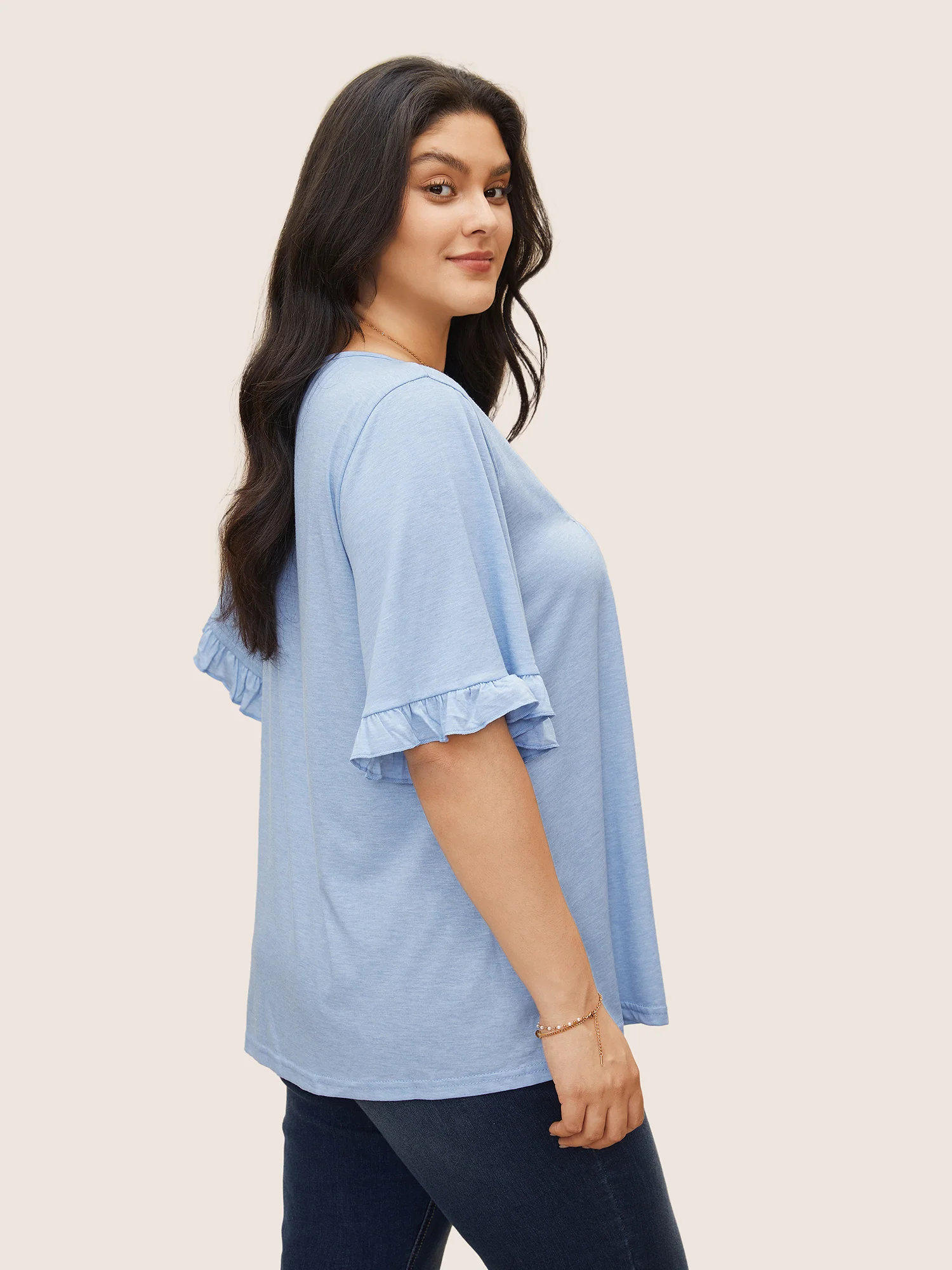 Solid Gathered Ruffle Trim Flounce Sleeve T-shirt - Image 24