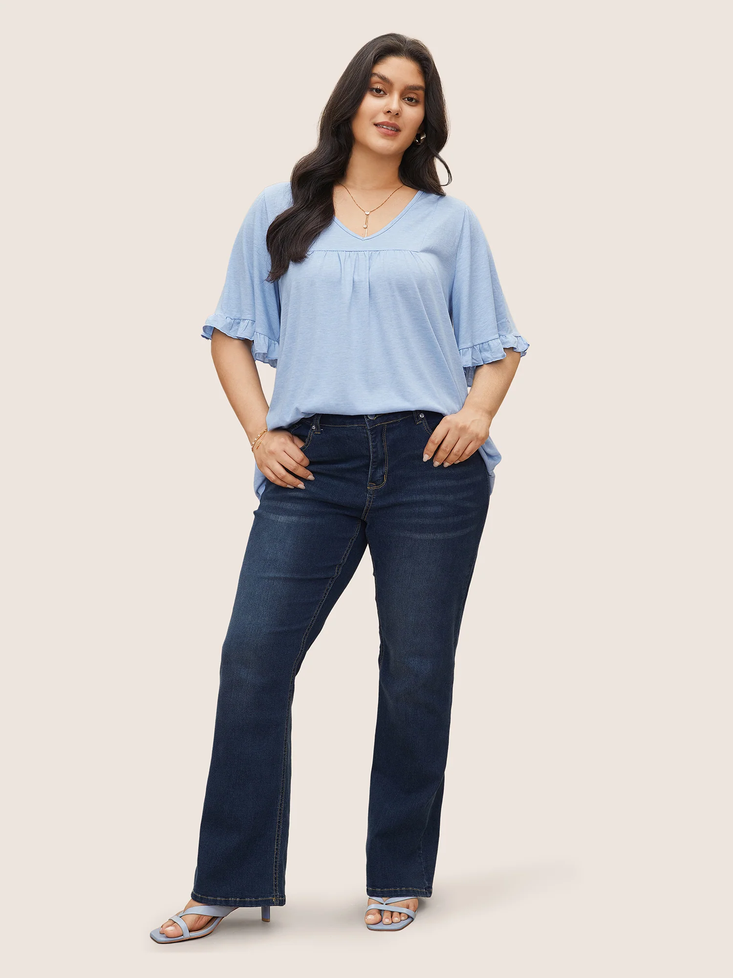 Solid Gathered Ruffle Trim Flounce Sleeve T-shirt - Image 25