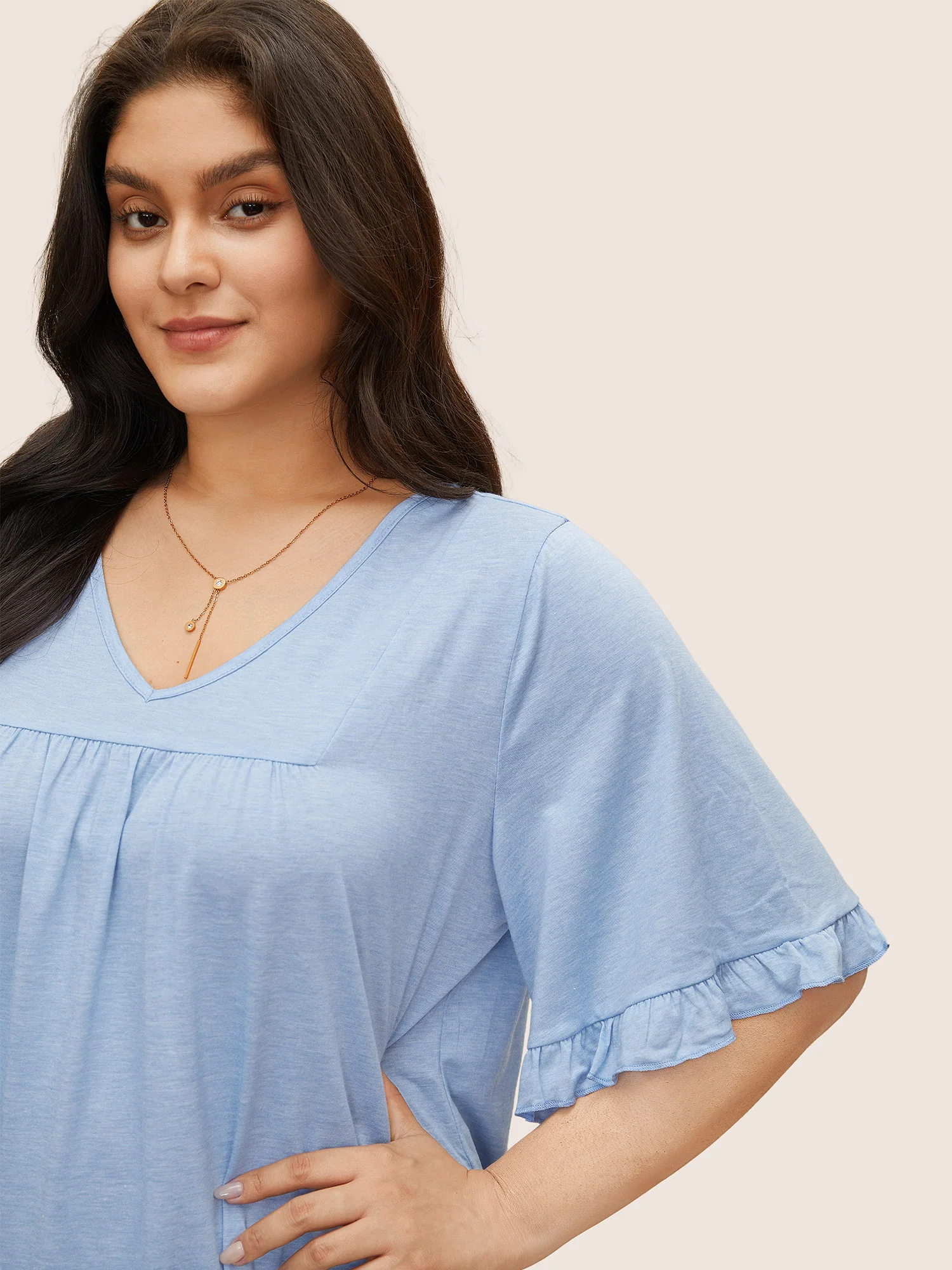 Solid Gathered Ruffle Trim Flounce Sleeve T-shirt - Image 26