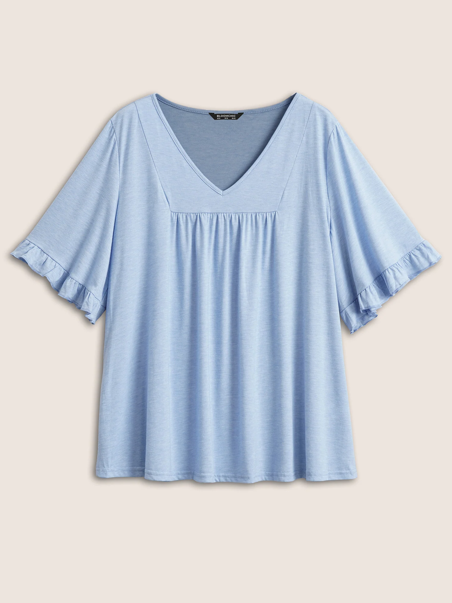 Solid Gathered Ruffle Trim Flounce Sleeve T-shirt - Image 29