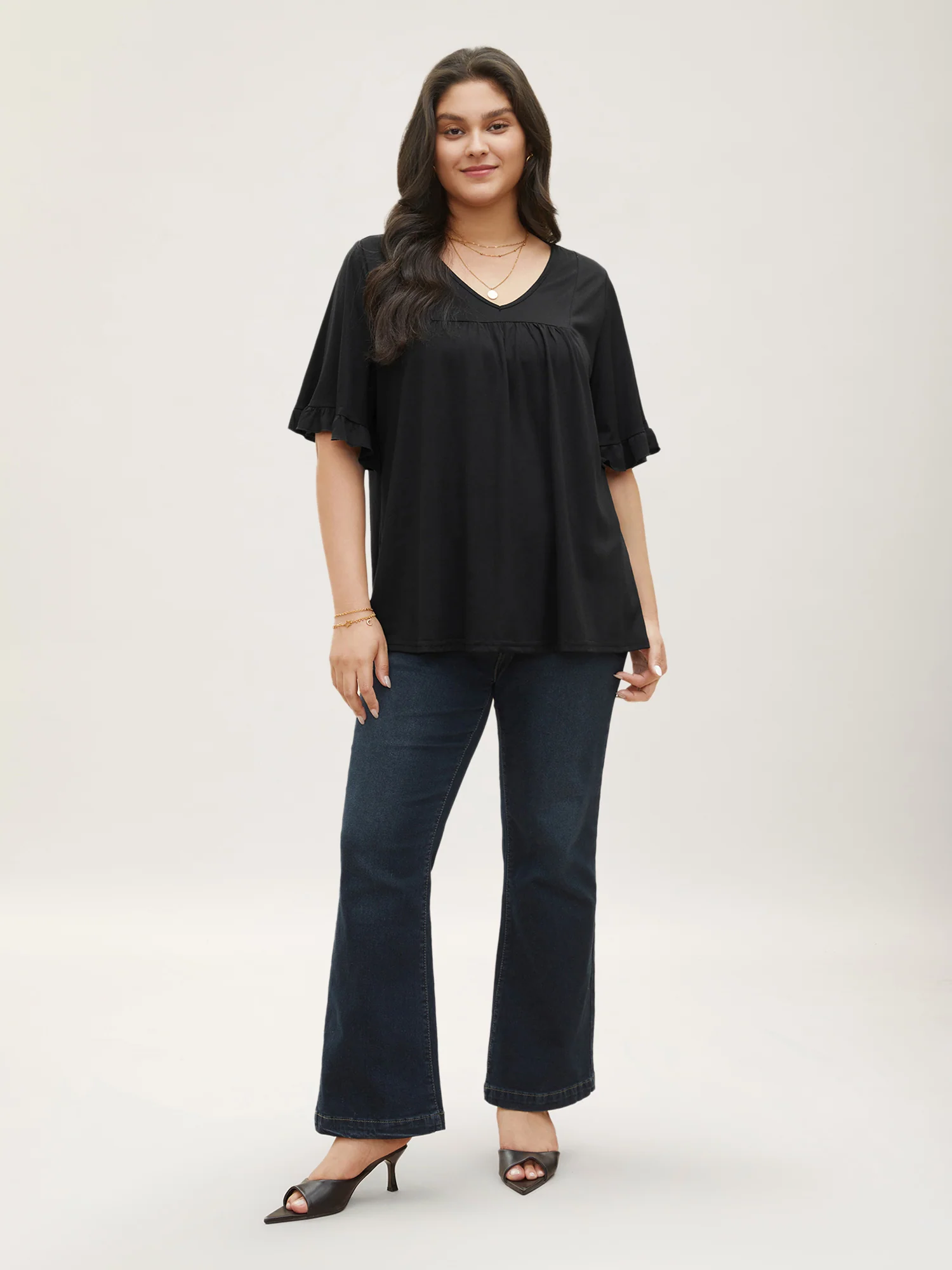 Solid Gathered Ruffle Trim Flounce Sleeve T-shirt - Image 3