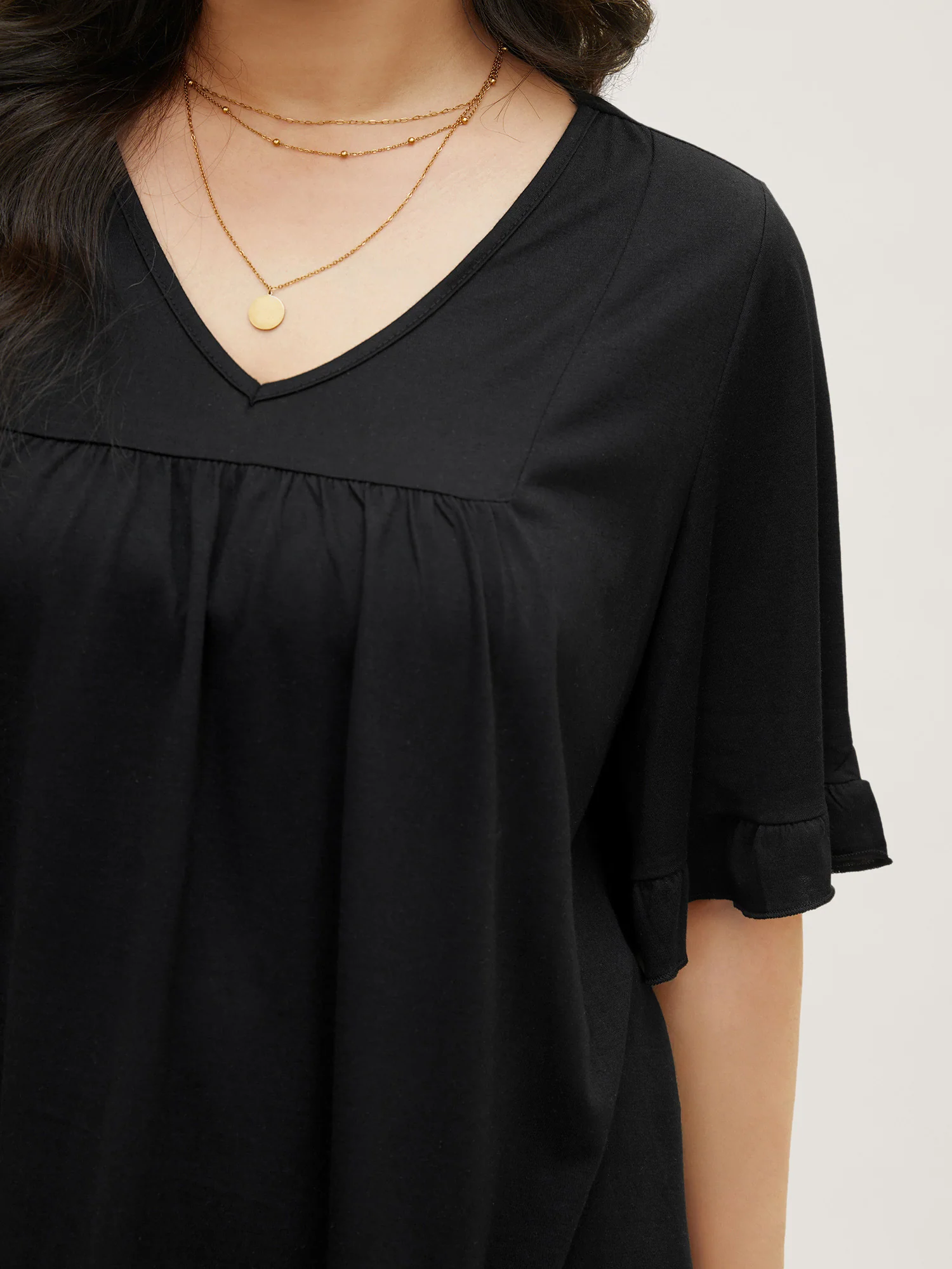 Solid Gathered Ruffle Trim Flounce Sleeve T-shirt - Image 4