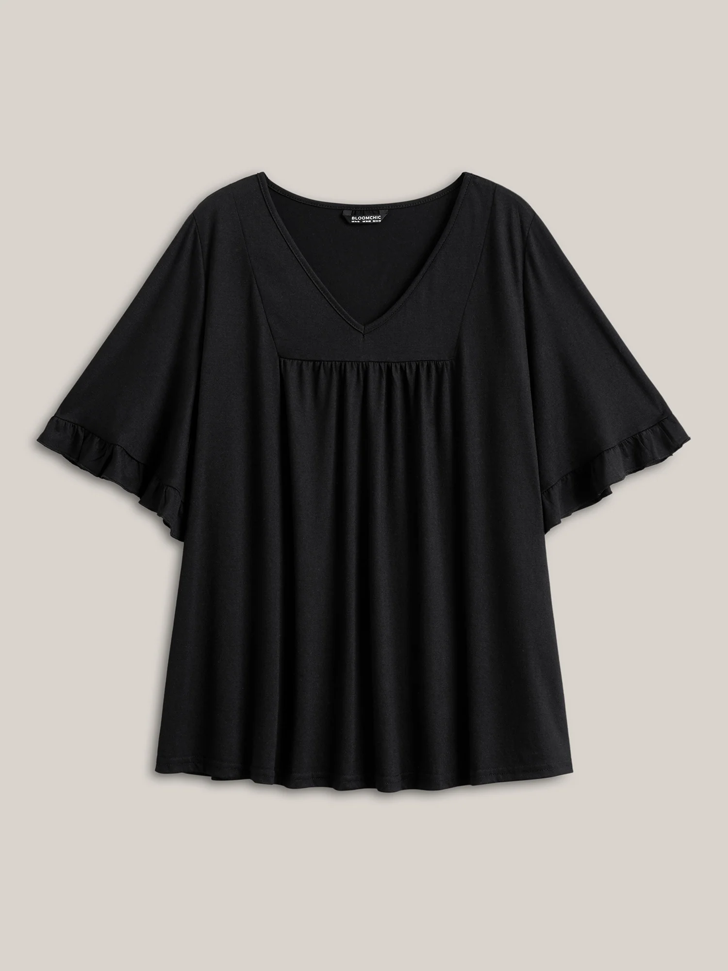Solid Gathered Ruffle Trim Flounce Sleeve T-shirt - Image 6