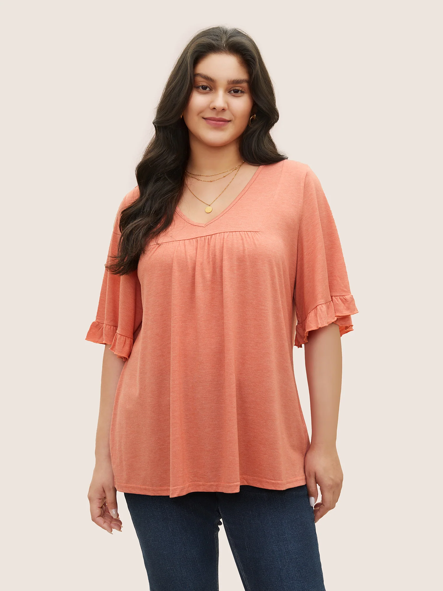 Solid Gathered Ruffle Trim Flounce Sleeve T-shirt - Image 7