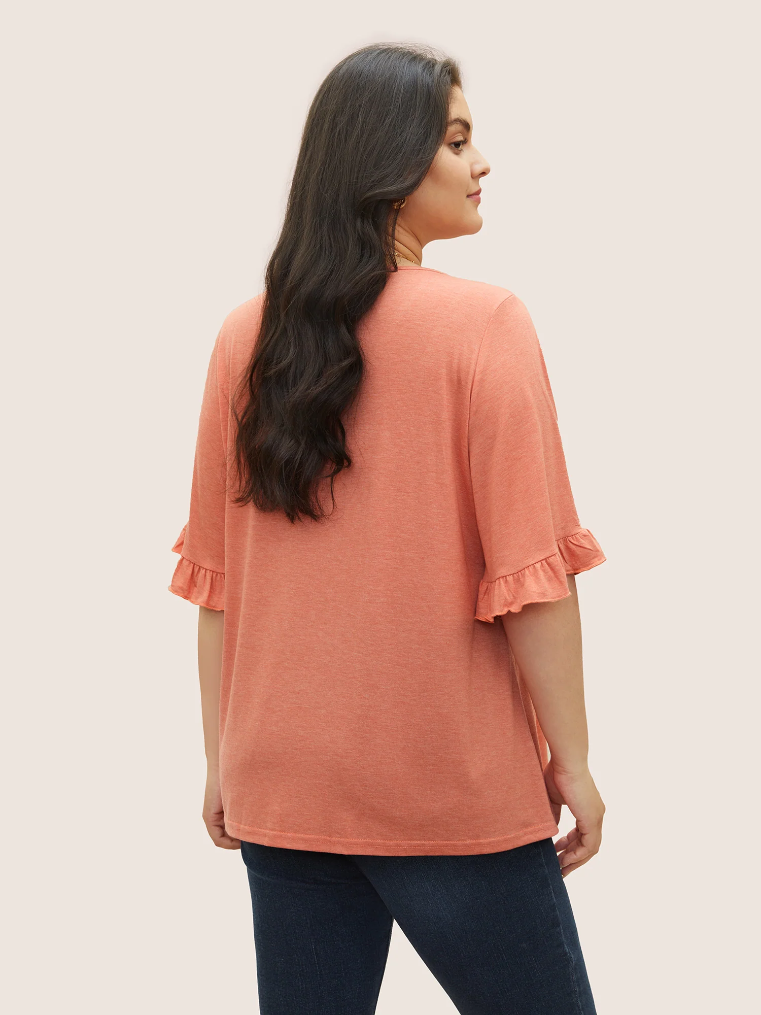 Solid Gathered Ruffle Trim Flounce Sleeve T-shirt - Image 8