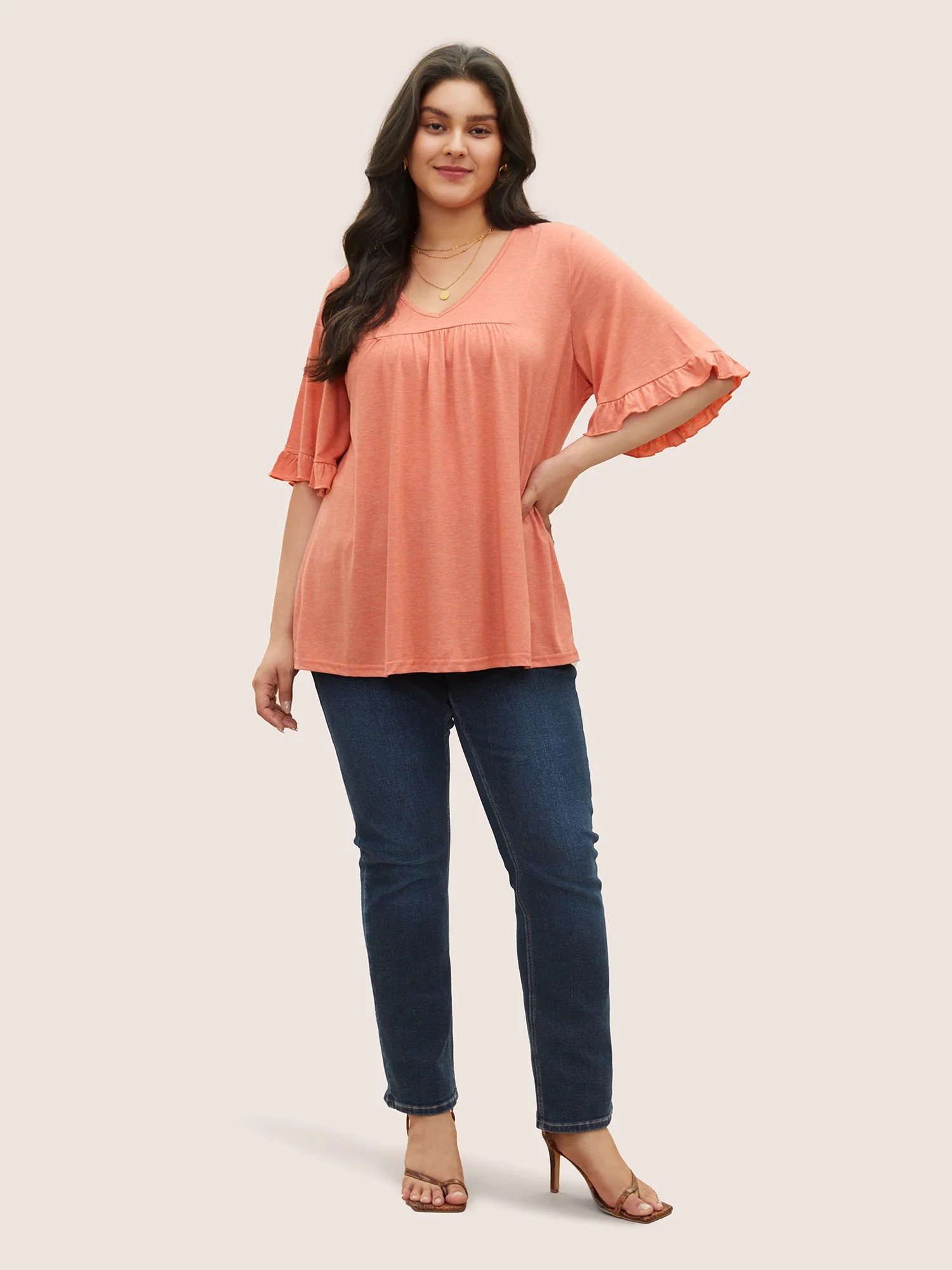 Solid Gathered Ruffle Trim Flounce Sleeve T-shirt - Image 9