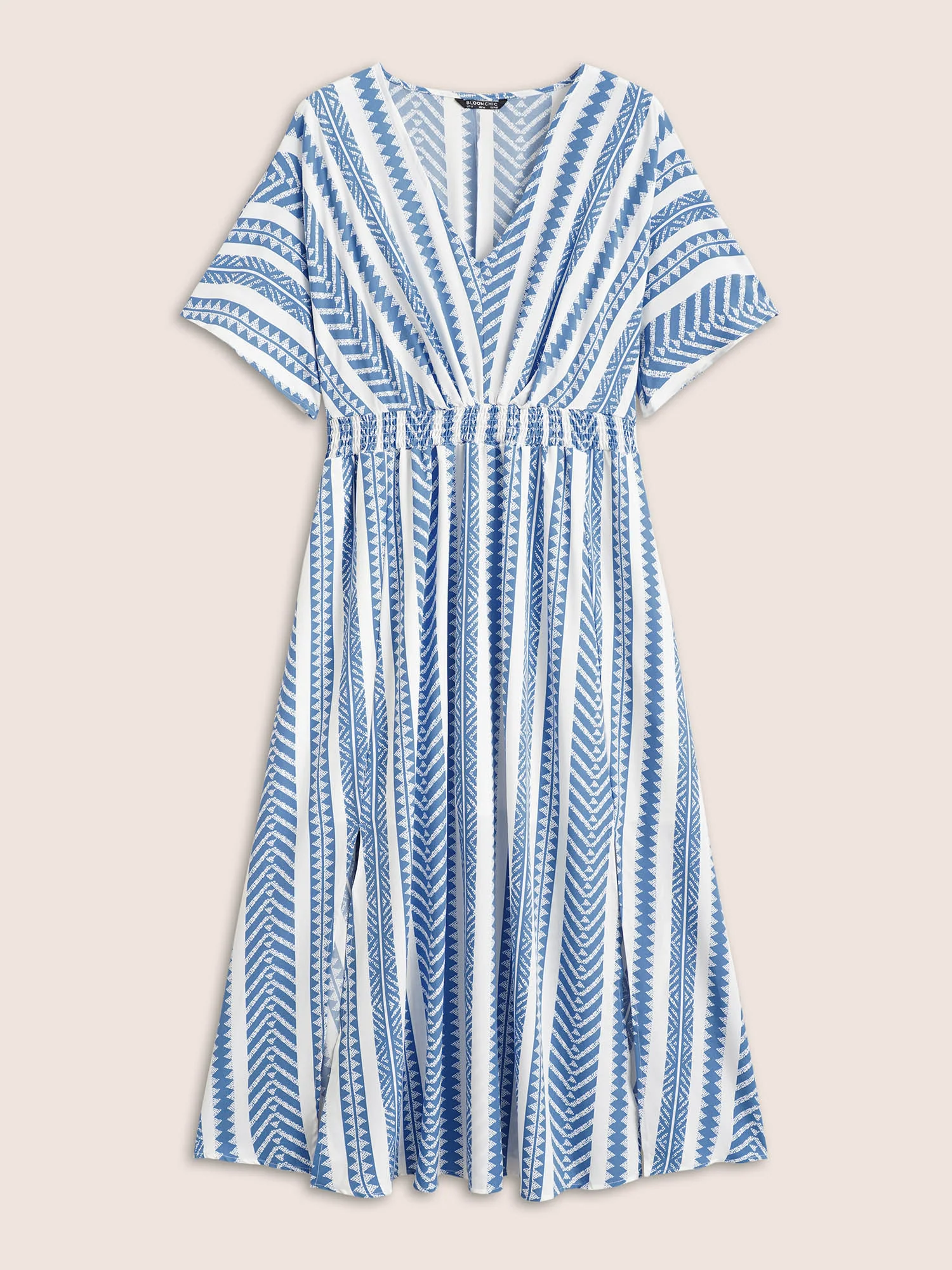 Solid Geometric Dolman Sleeve Pocket Shirred Split Hem Dress - Image 11