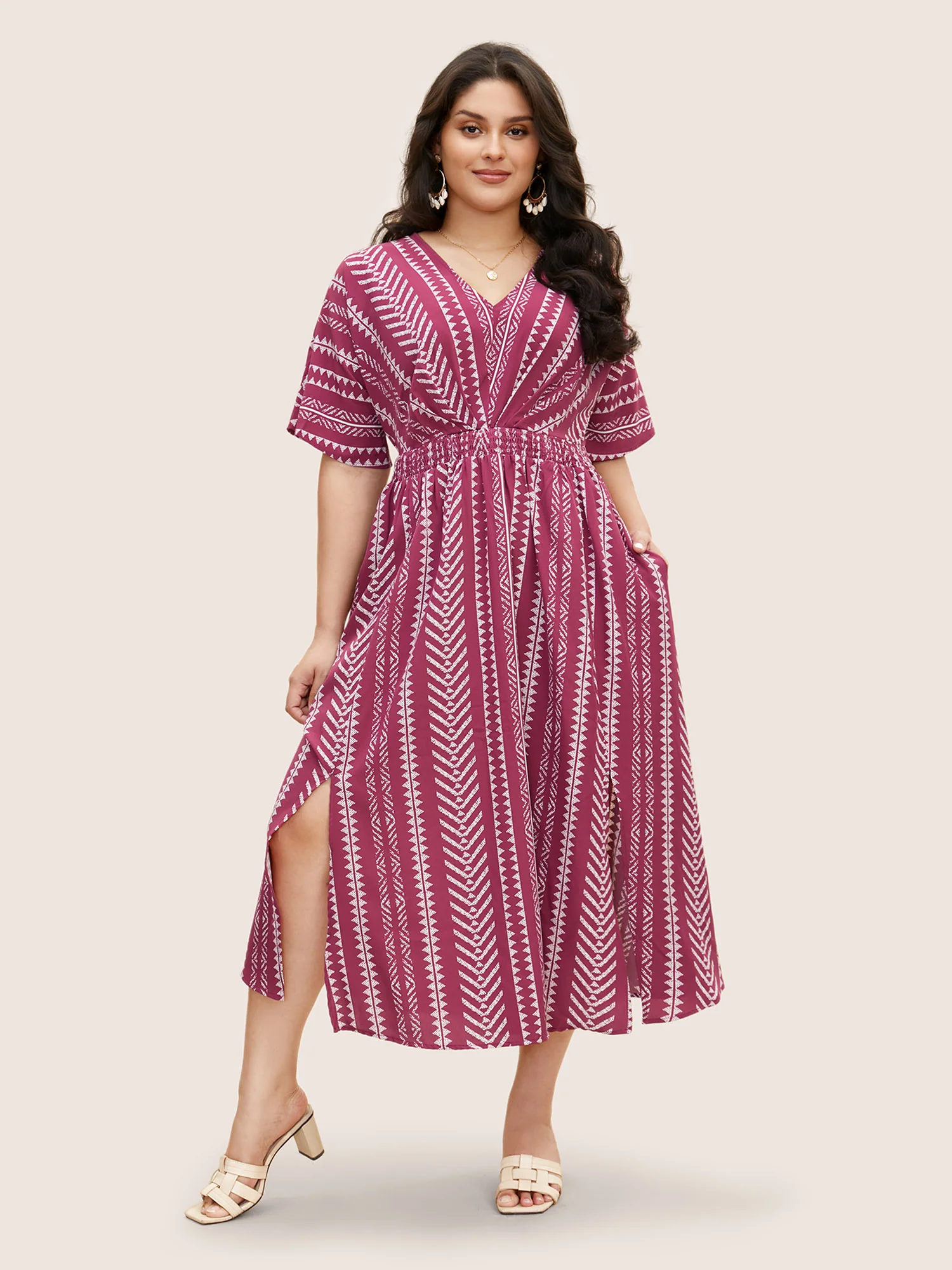 Solid Geometric Dolman Sleeve Pocket Shirred Split Hem Dress - Image 17