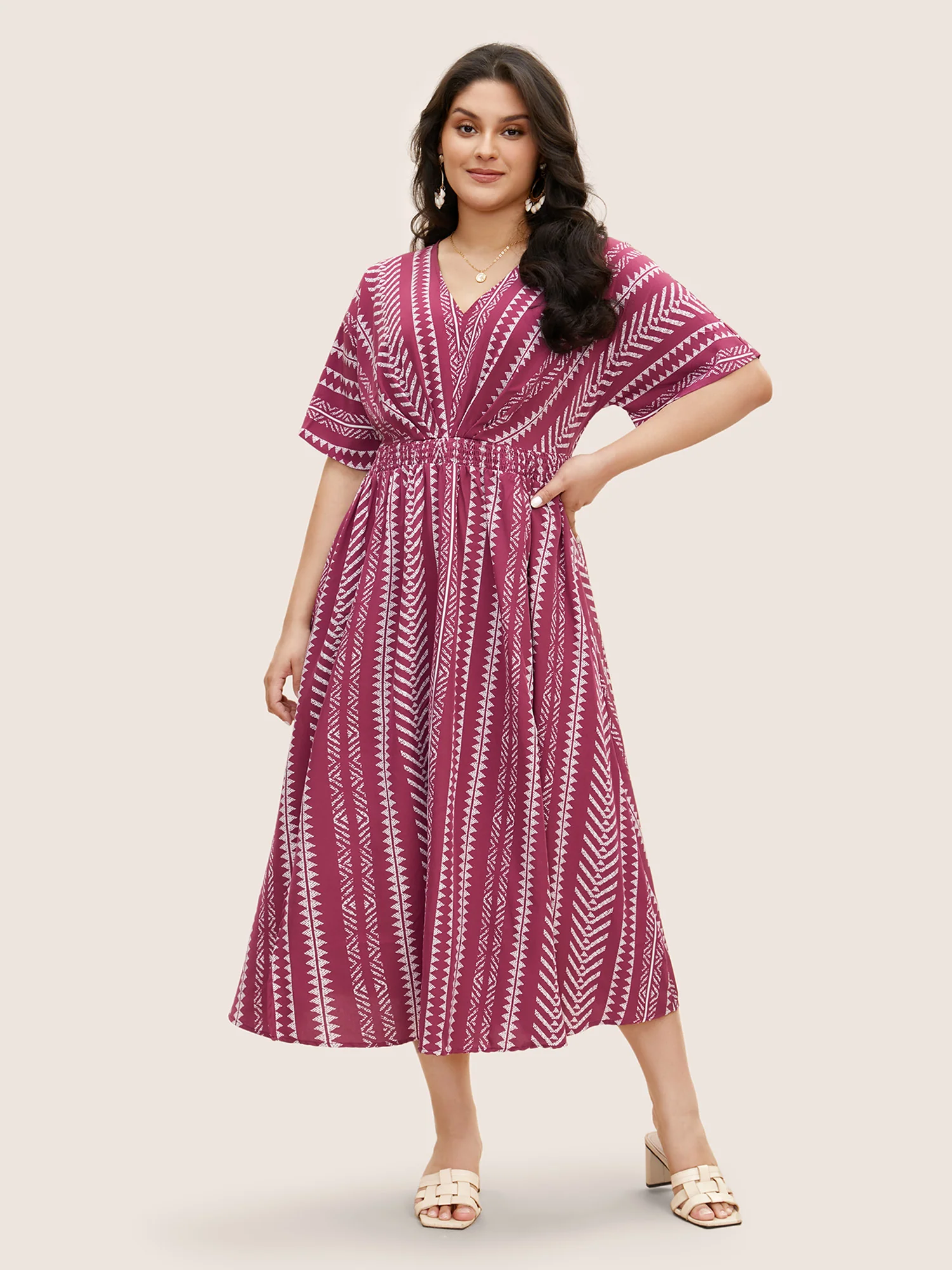 Solid Geometric Dolman Sleeve Pocket Shirred Split Hem Dress - Image 18