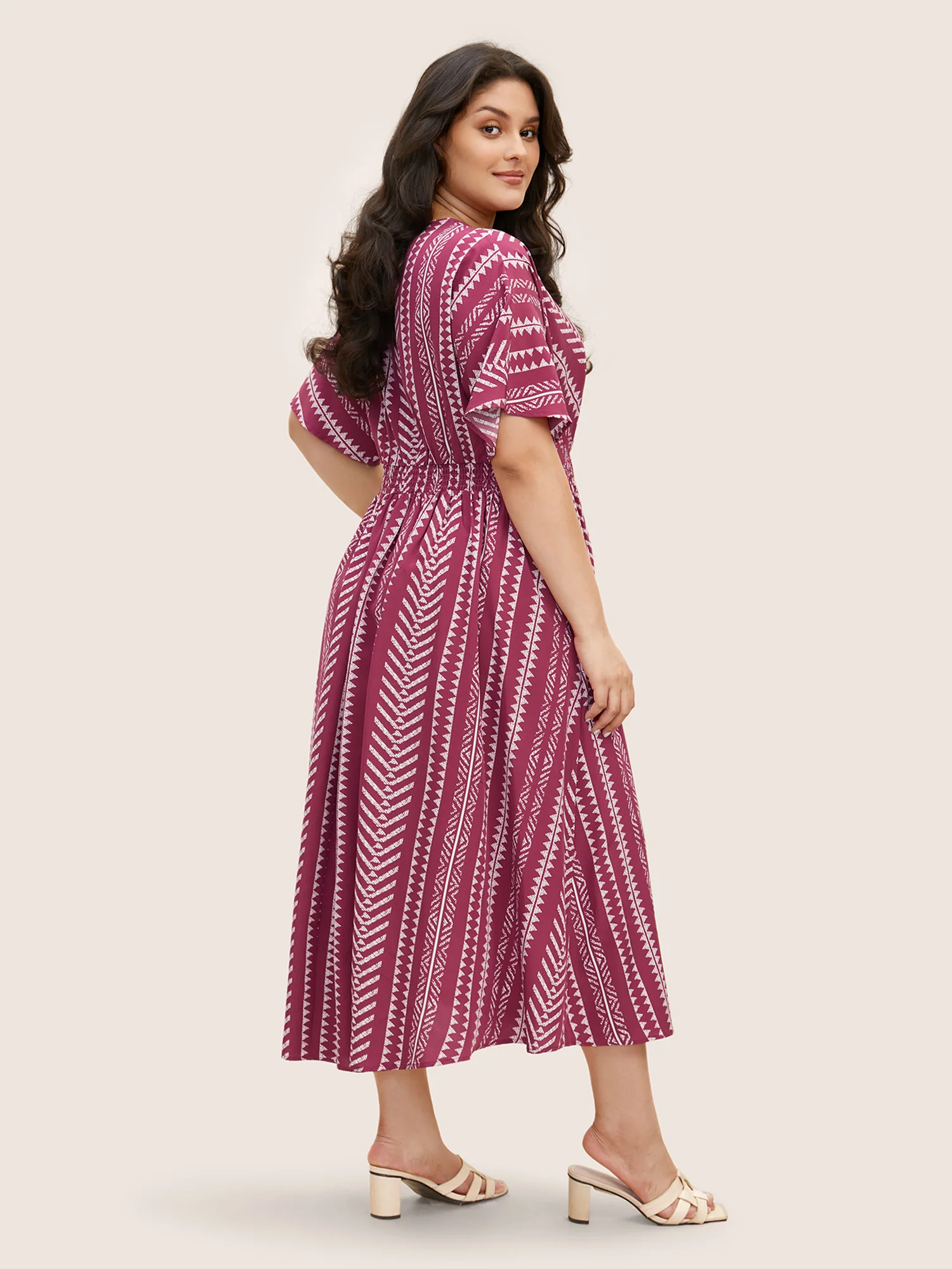 Solid Geometric Dolman Sleeve Pocket Shirred Split Hem Dress - Image 19