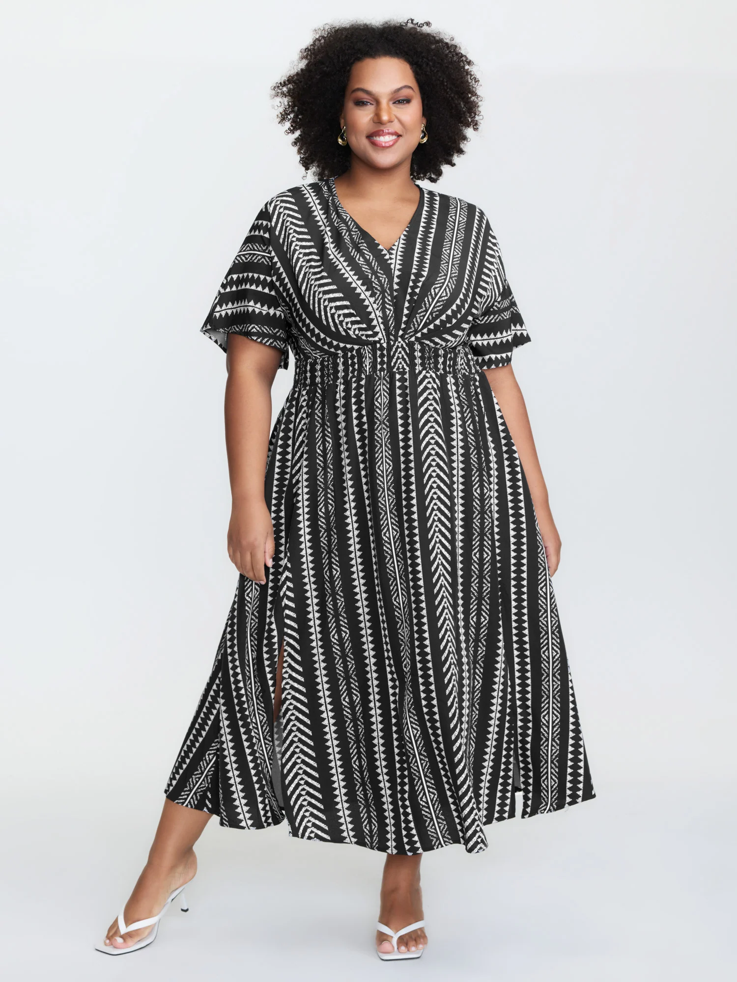 Solid Geometric Dolman Sleeve Pocket Shirred Split Hem Dress - Image 3