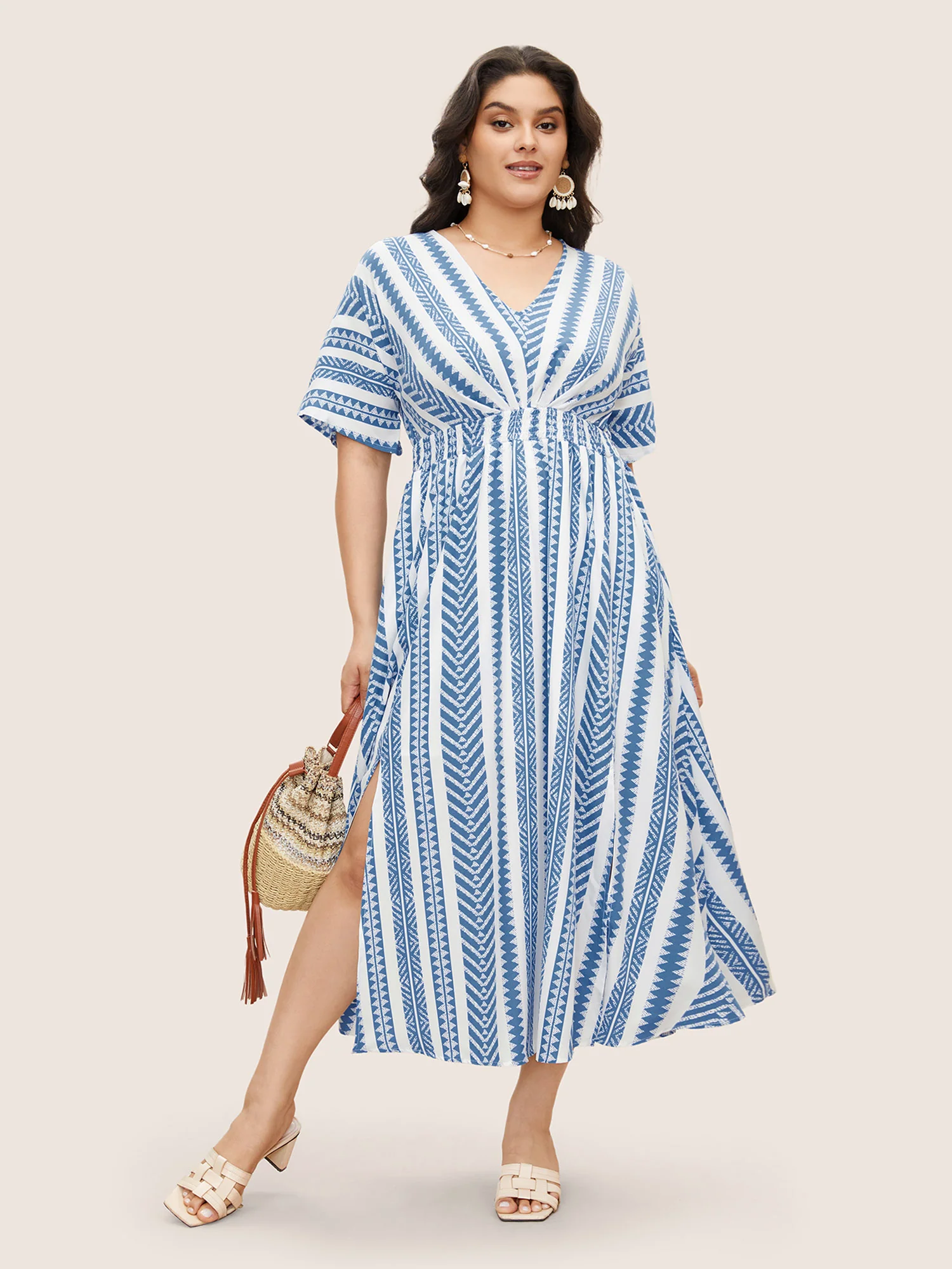 Solid Geometric Dolman Sleeve Pocket Shirred Split Hem Dress - Image 5