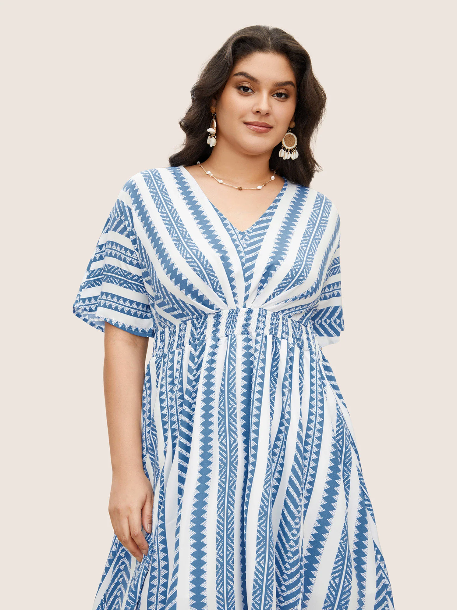Solid Geometric Dolman Sleeve Pocket Shirred Split Hem Dress - Image 6