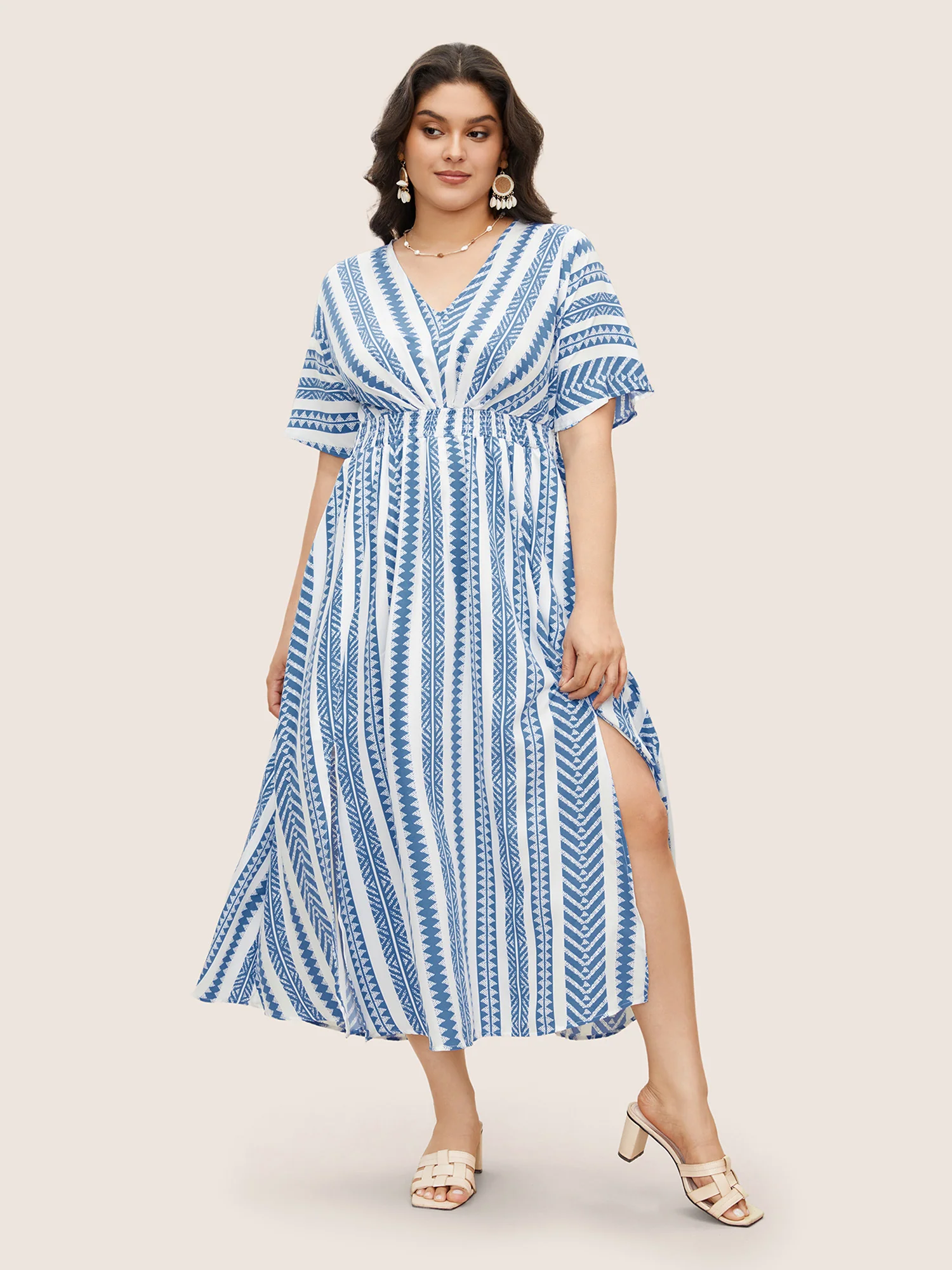 Solid Geometric Dolman Sleeve Pocket Shirred Split Hem Dress - Image 7
