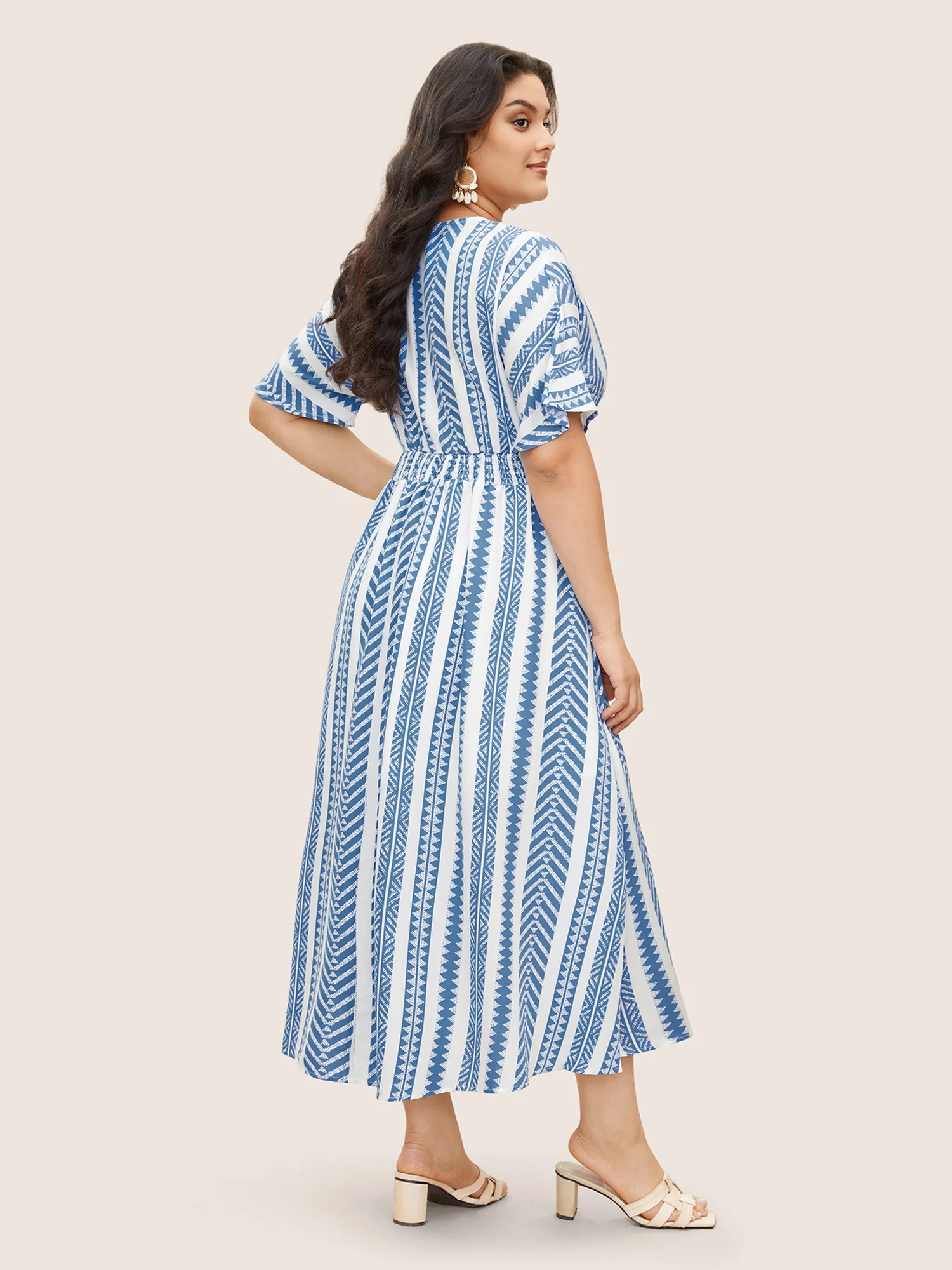 Solid Geometric Dolman Sleeve Pocket Shirred Split Hem Dress - Image 8