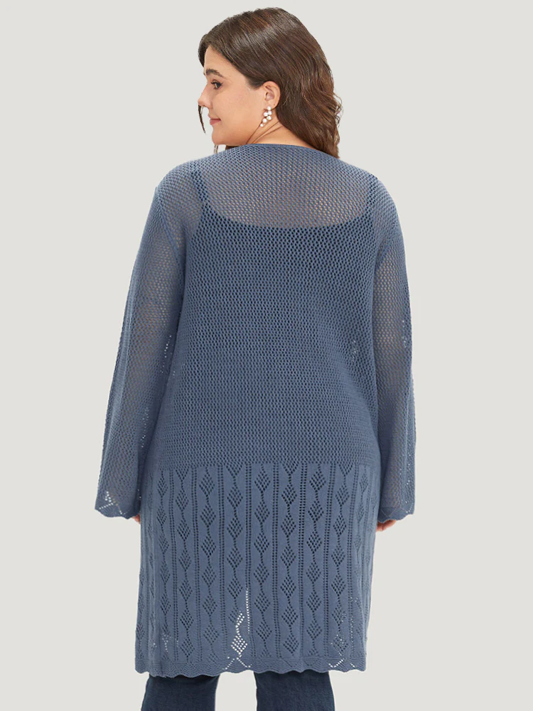 Solid Geometric Eyelet Open Front Cardigan - Image 2