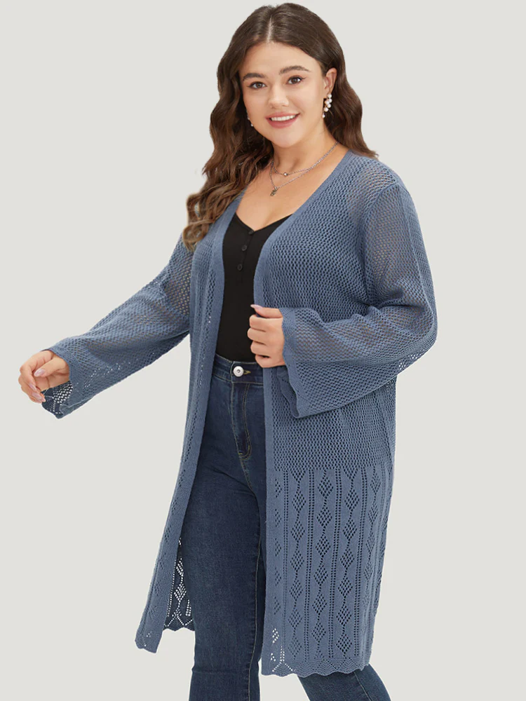 Solid Geometric Eyelet Open Front Cardigan - Image 3